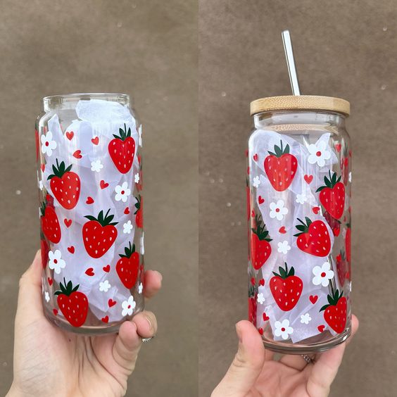 Strawberry Hearts Beer Glass Can, Strawberries Glass Can