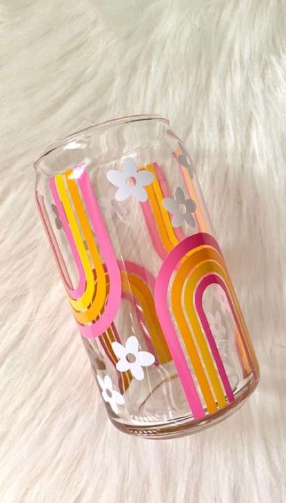 Retro Rainbow Beer Can Glass, Aesthetic Coffee Glass, Groovy Beer Can Glass, Floral Coffee Cup Rainbow Coffee Glass, Daisy Iced Coffee Glass