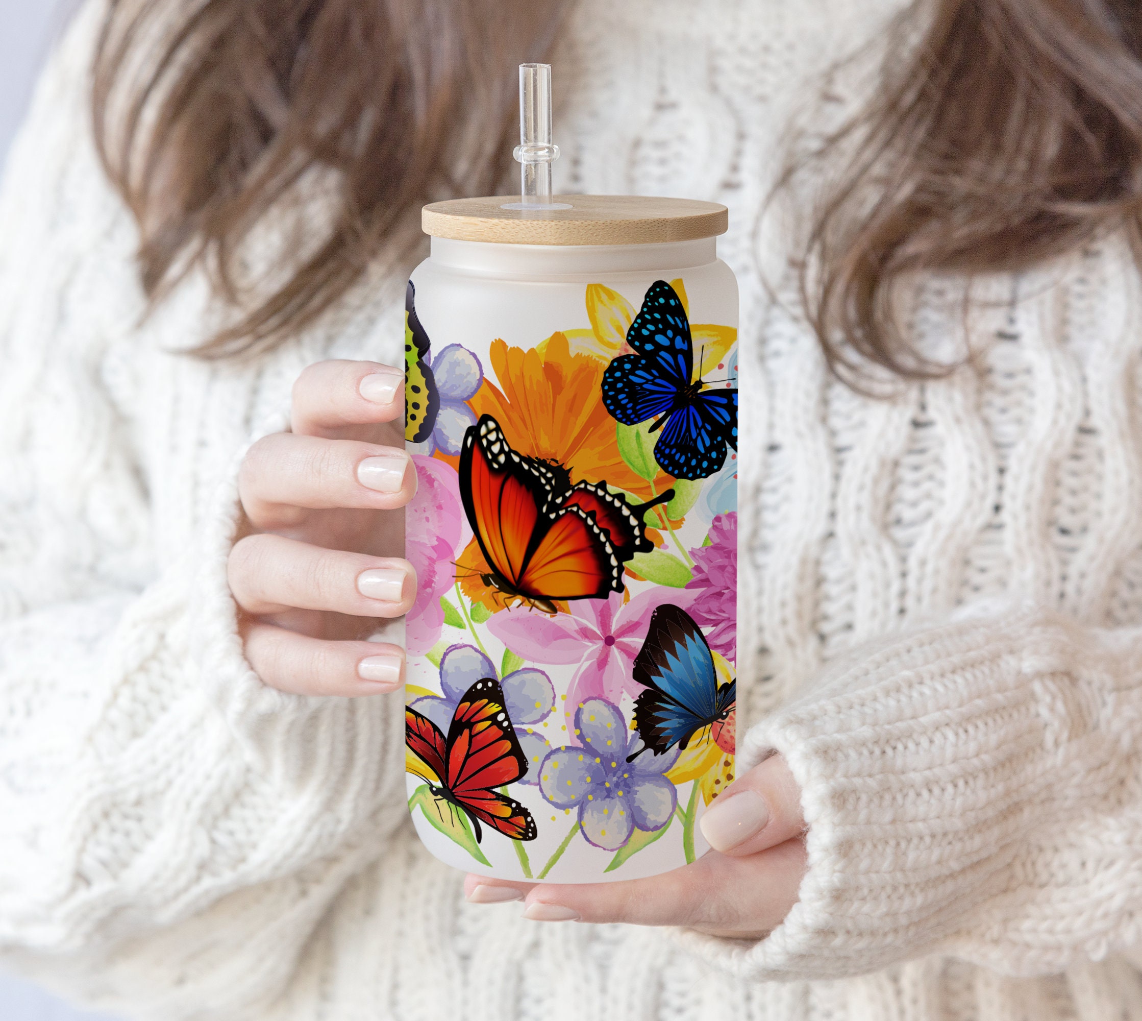 16 oz Libbey Glass Can Tumbler Sublimation Design Butterfly Sunflower gift for Mom Floral Tumbler Wrap Blue butterflies png