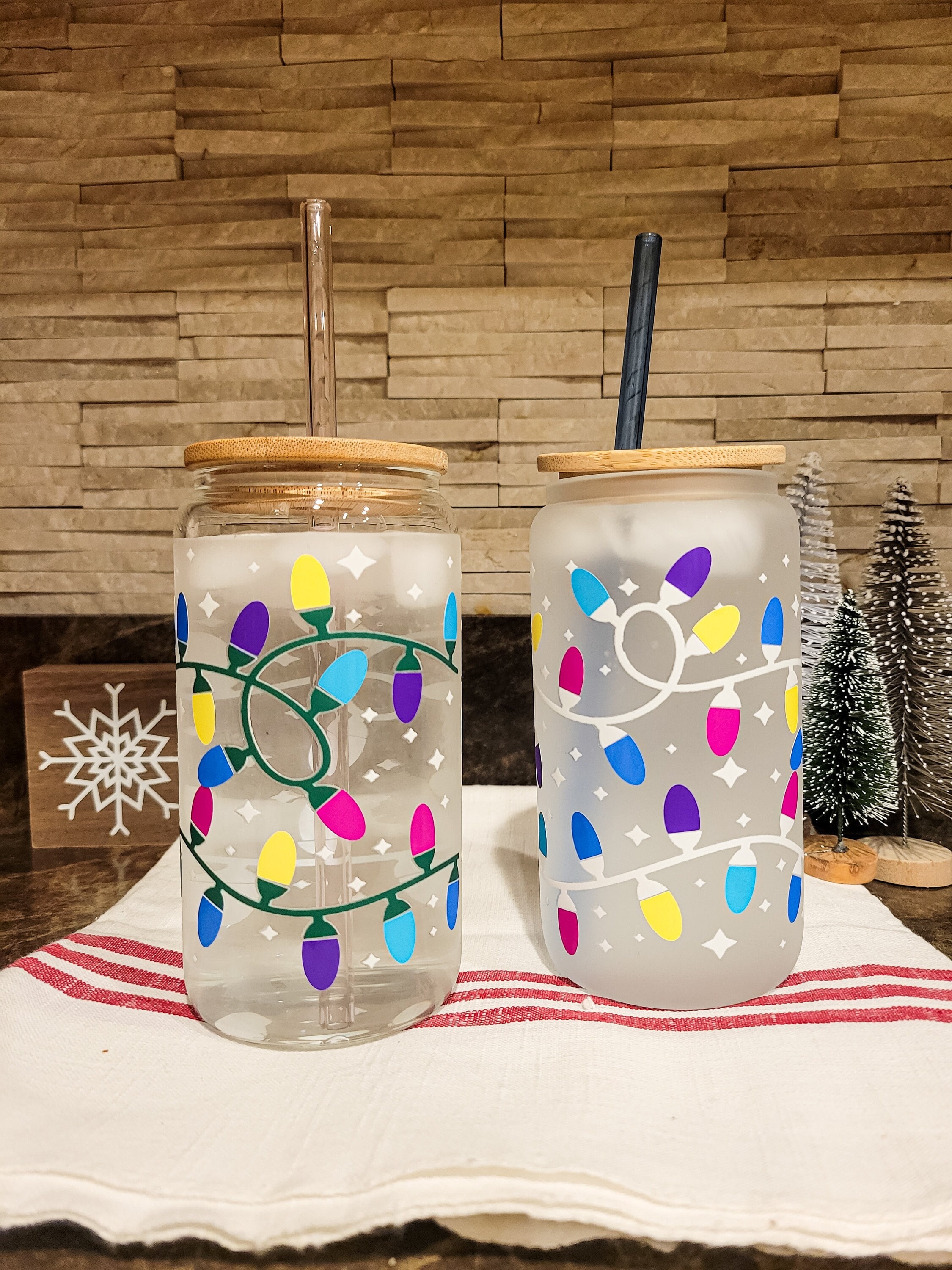 Color Changing Christmas Lights Iced Coffee Glass Can, Holiday Glass Coffee Cup with lid and straw, Libbey Beer Can Glass Cup, Bright Lights