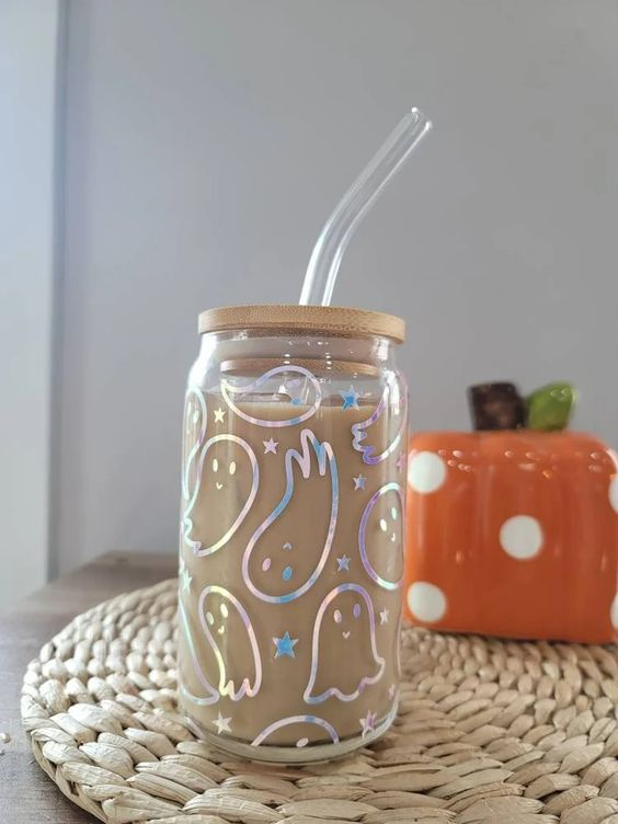 Cute Ghost Glass Can Cup, Cute Ghost Iced Coffee Cup, Halloween Glass Tumbler