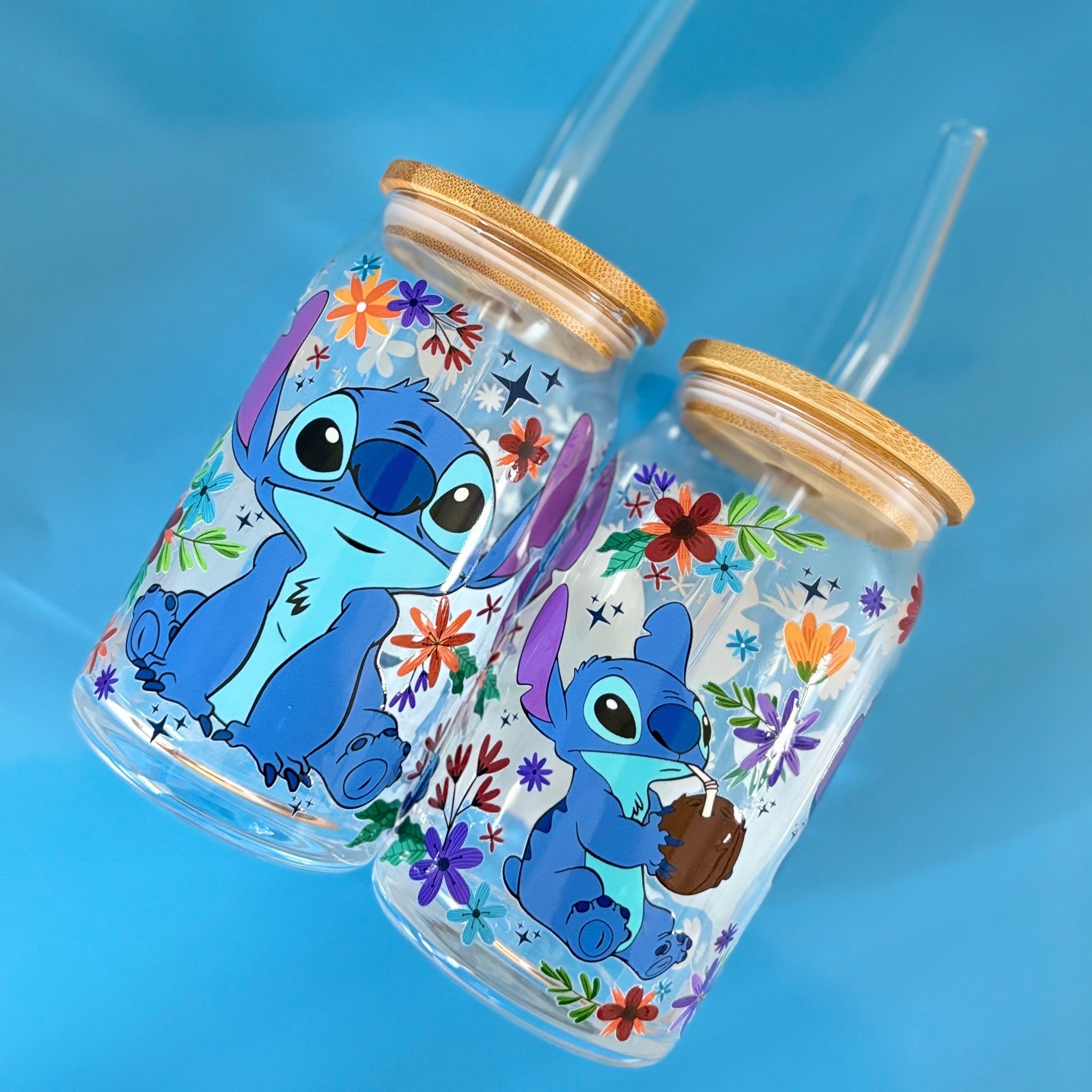 Stitch Iced Coffee Cup 16oz Glass Soda Can Cup w/ Bamboo Top Glass Libby Cup