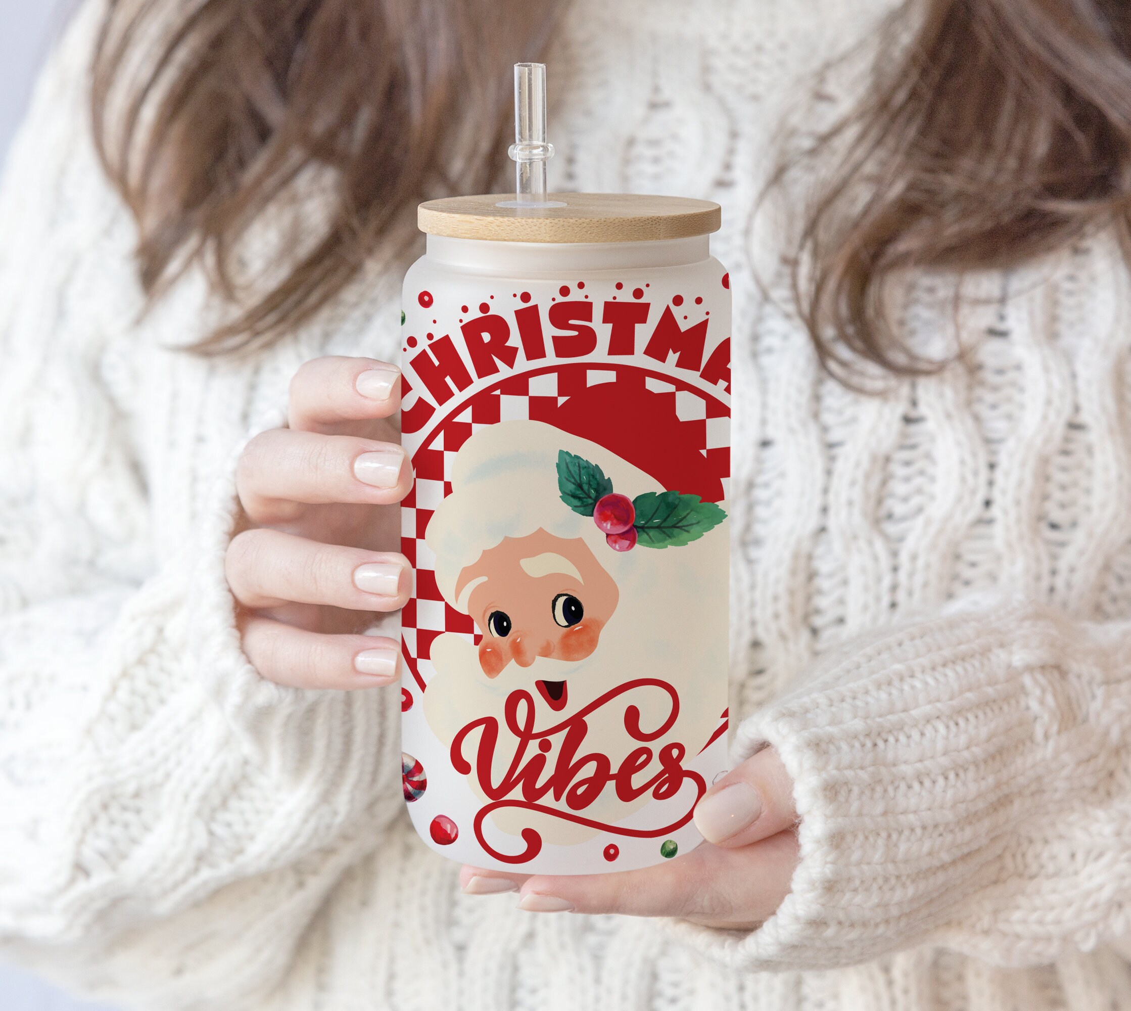 16 oz Libbey Beer Glass Can Cute Retro Christmas Vibe Santa Claus | Vintage Santa Merry Christmas | Retro Santa Digital Winter Download PNG