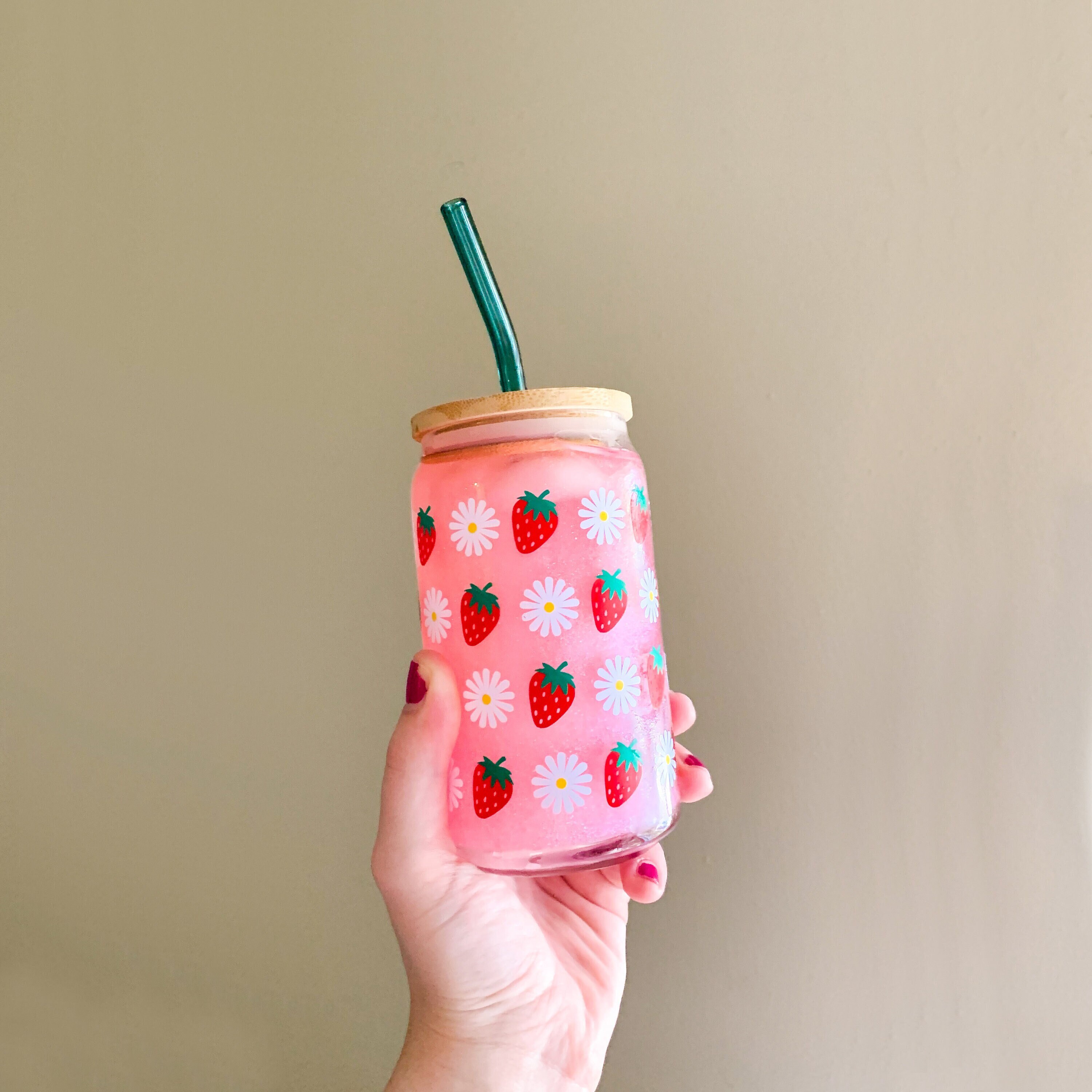 Strawberry Daisy Glass Cup | Strawberry Can Glass | Iced Coffee Glass | Strawberry Glass Cup | Daisy Glass Cup | Strawberry Coffee Cup