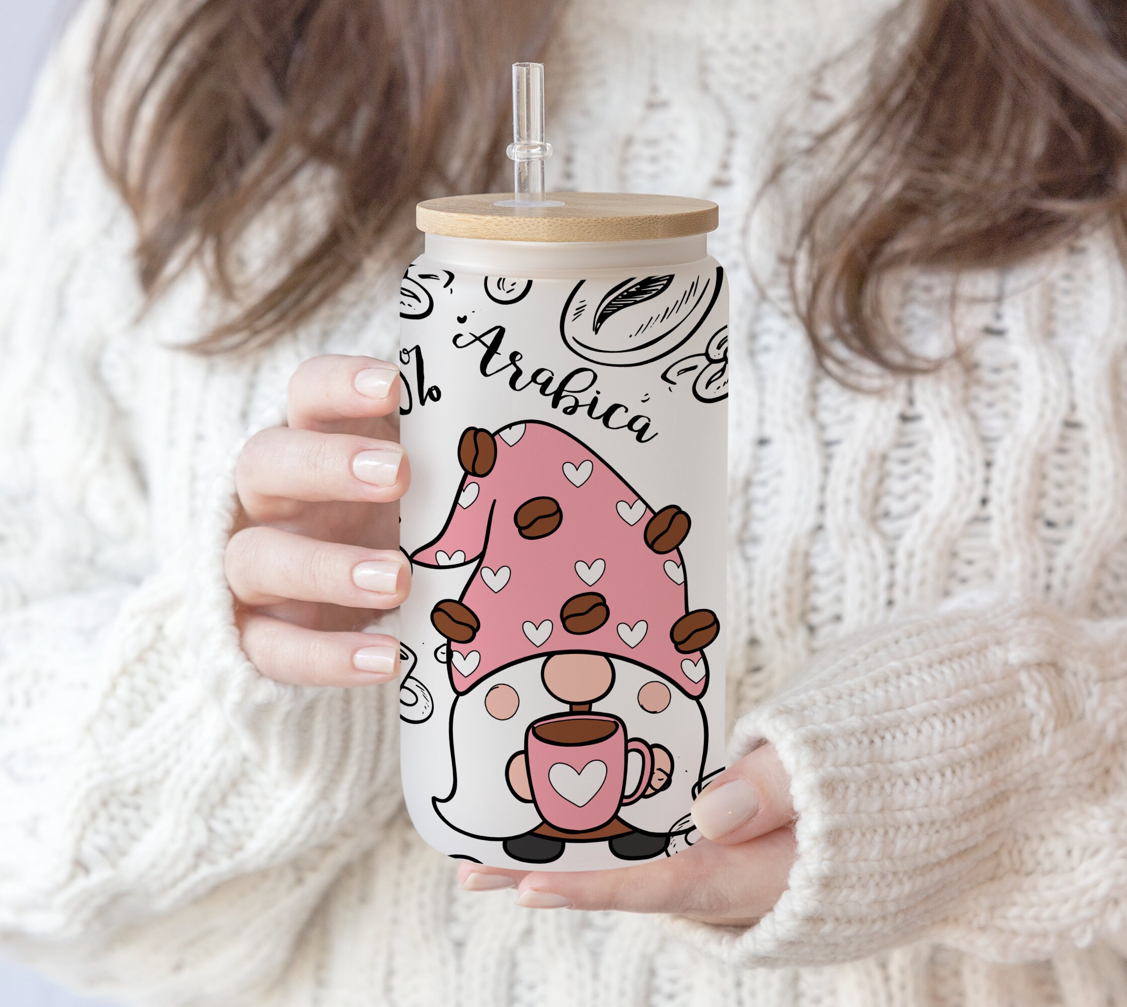 16 oz Libbey Glass Can Coffee Doodle Gnome Lover Drink Coffee  Sublimation png file Gift for mom , Mother’s Day , PNG Digital Download