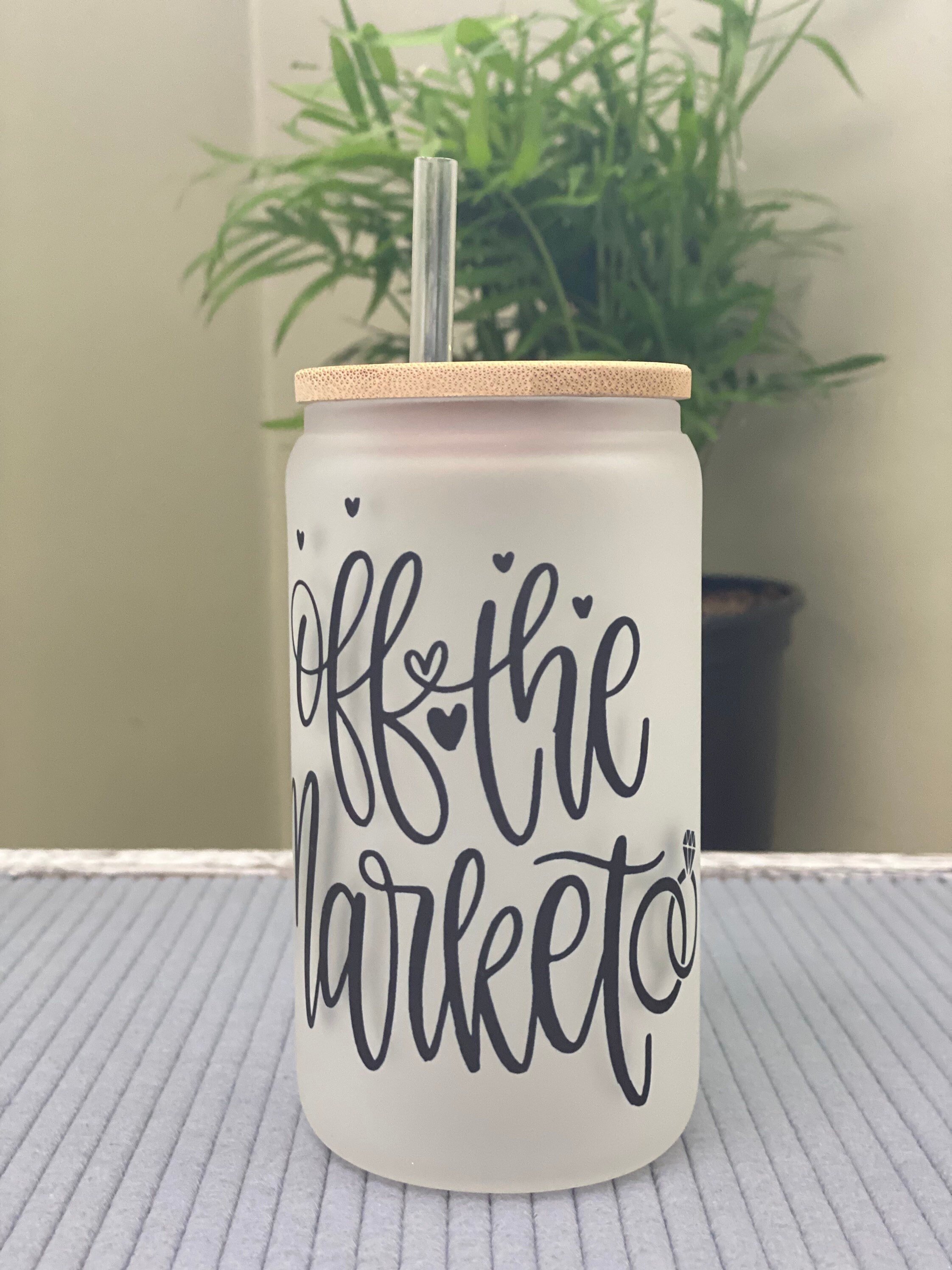 Off the market- frosted can shaped glass with lid and straw