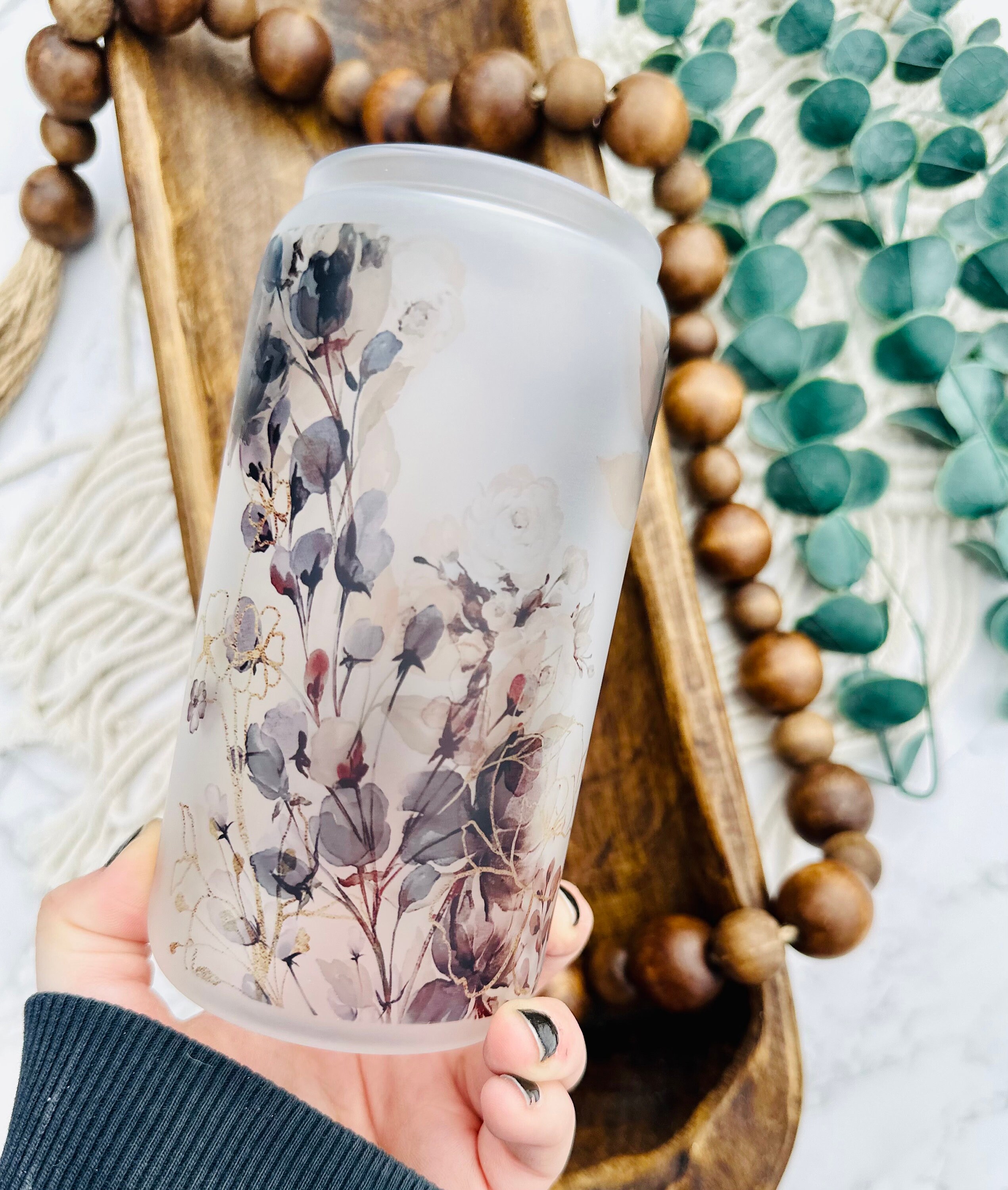 Floral frosted beer can glass, sublimation glass, bamboo lid and straw, libbey glass, coffee glass, iced coffee glass