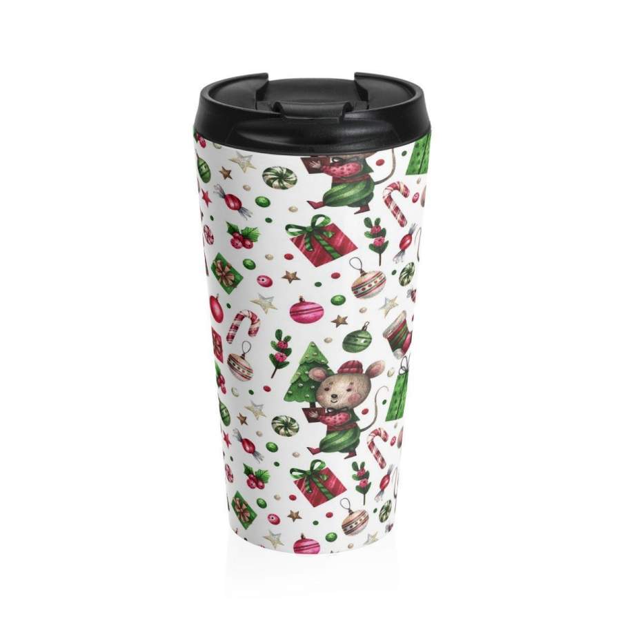 Stainless Steel Travel Mug, Christmas Tree Mouse Holiday Travel Mug, All Over Print Steel Mug, 15 Ounce Tumbler, 15oz Coffee Tea Drink Cup