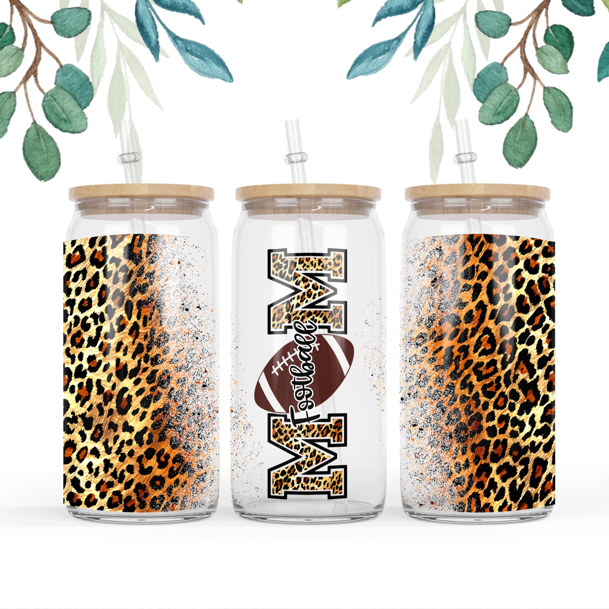 16 oz Libbey Glass Can Tumbler Sublimation Design Football mom Leopard Sublimation Design, American football Leopard design png