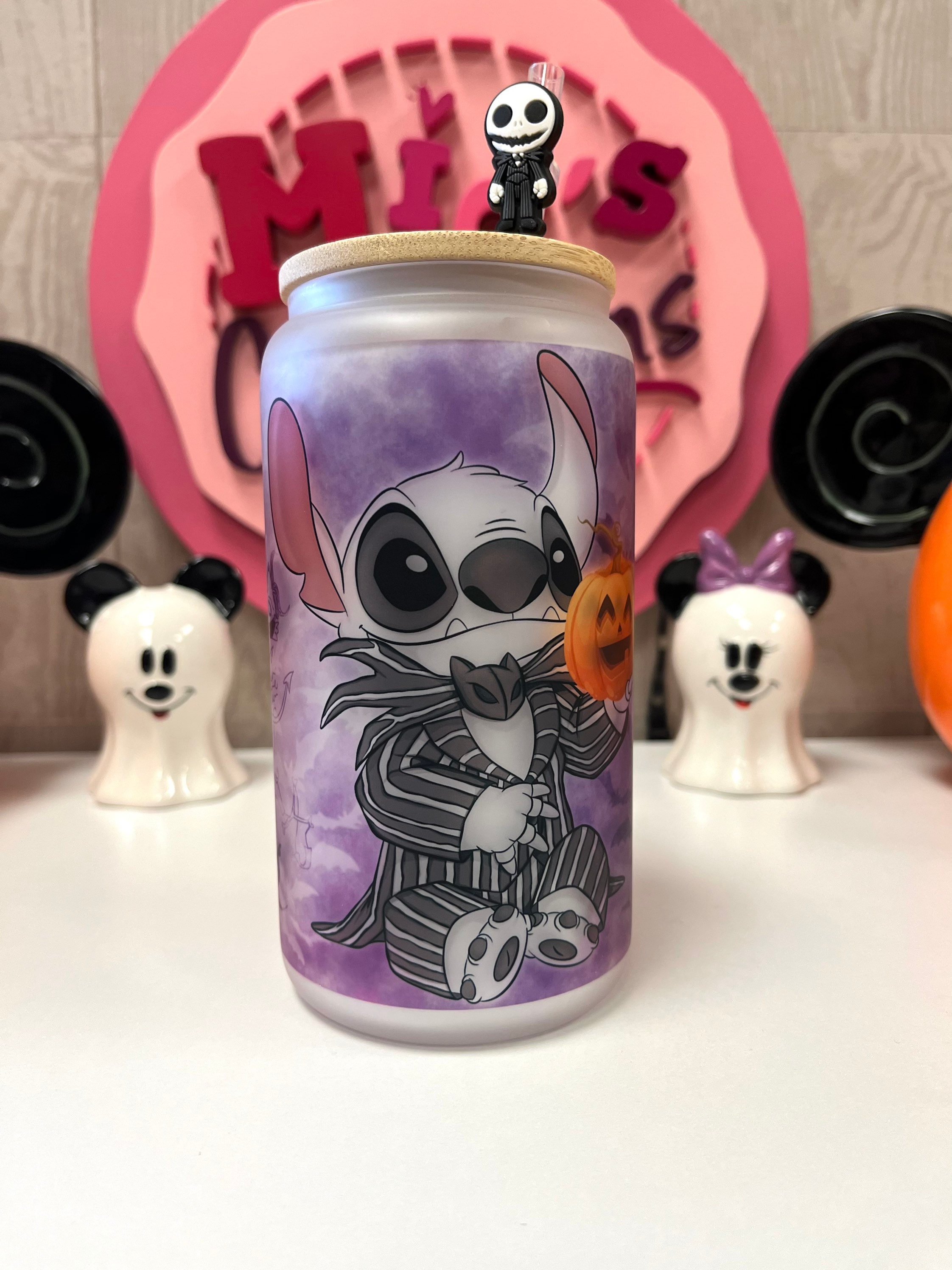 Stitch/Jack Skellington frosted glass can, Stitch Skellington glass can, Stitch Halloween glass can