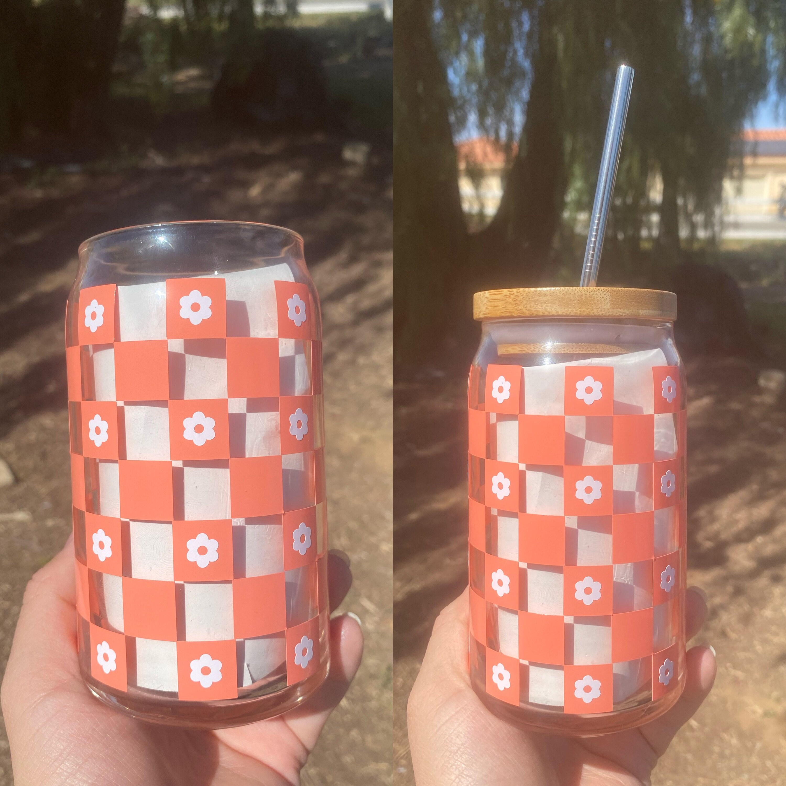 Checker Flower Glass, Beer Glass Can, Flower Cups, Checkered, Iced Coffee Cup, Vans Checker and Flowers Glass Cup, Beer Glass Can Lid