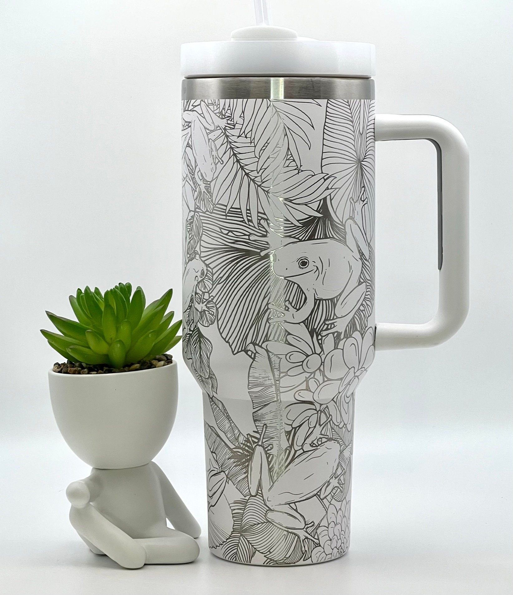 Tree Frogs Laser Engraved 40oz Tumbler with Handle Lid and Straw, Custom Engraved Seamless Tumbler, Double Wall Insulated Cup