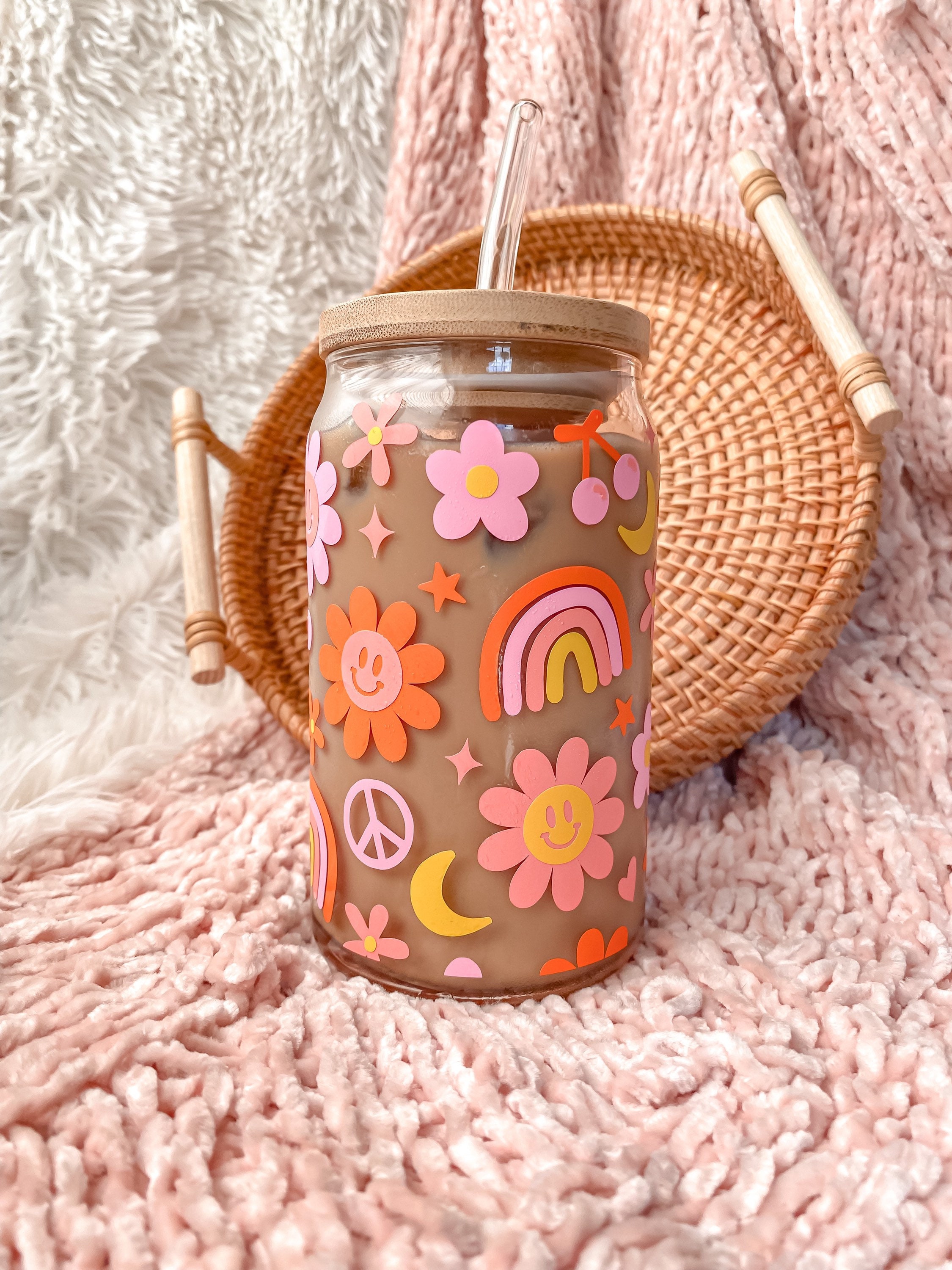 Retro & Groovy Flowers Aesthetic Beer Can Shaped Glass | Cute Boho Peace Inspired Iced Coffee Cup or Mug | Mother’s Day or Best Friend Gift