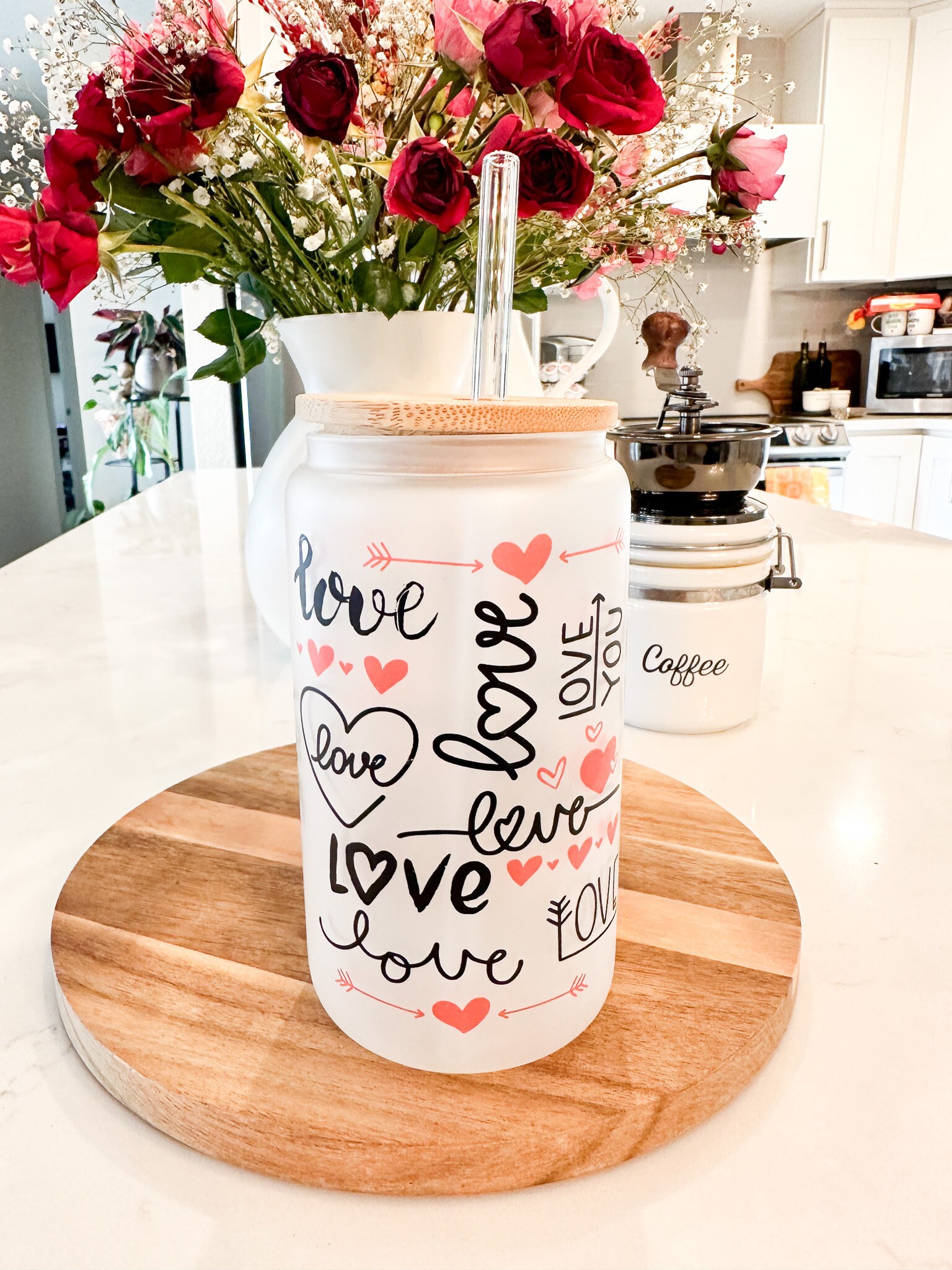 Love and Hearts Frosted Can Glass, Valentine’s Day Iced Coffee Glass, Best Friend Gift, 16 oz Glass Cup w/ Lid & Straw, Sweetheart Gift