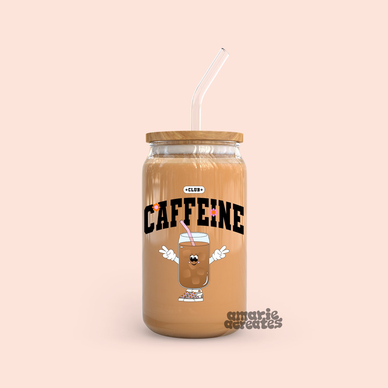 Caffeine Club Glass Cup, Coffee Character, Iced Coffee Glass Cup, Groovy Glass Cup, Retro Glass Cup