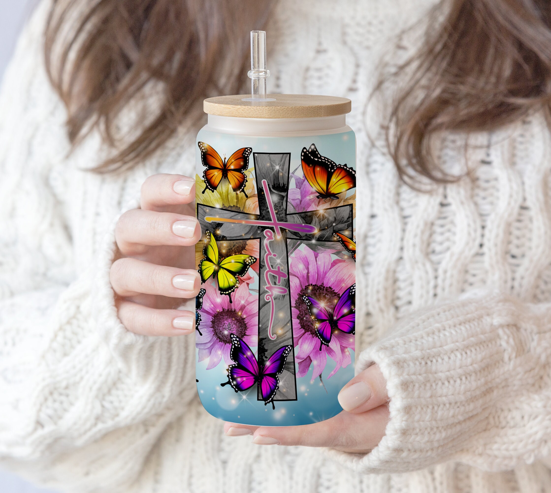 16 oz Libbey Glass Can Tumbler Sublimation Faith cross sublimation png  Design Pen wrap, Christian png Butterfly and sunflower gift for mom