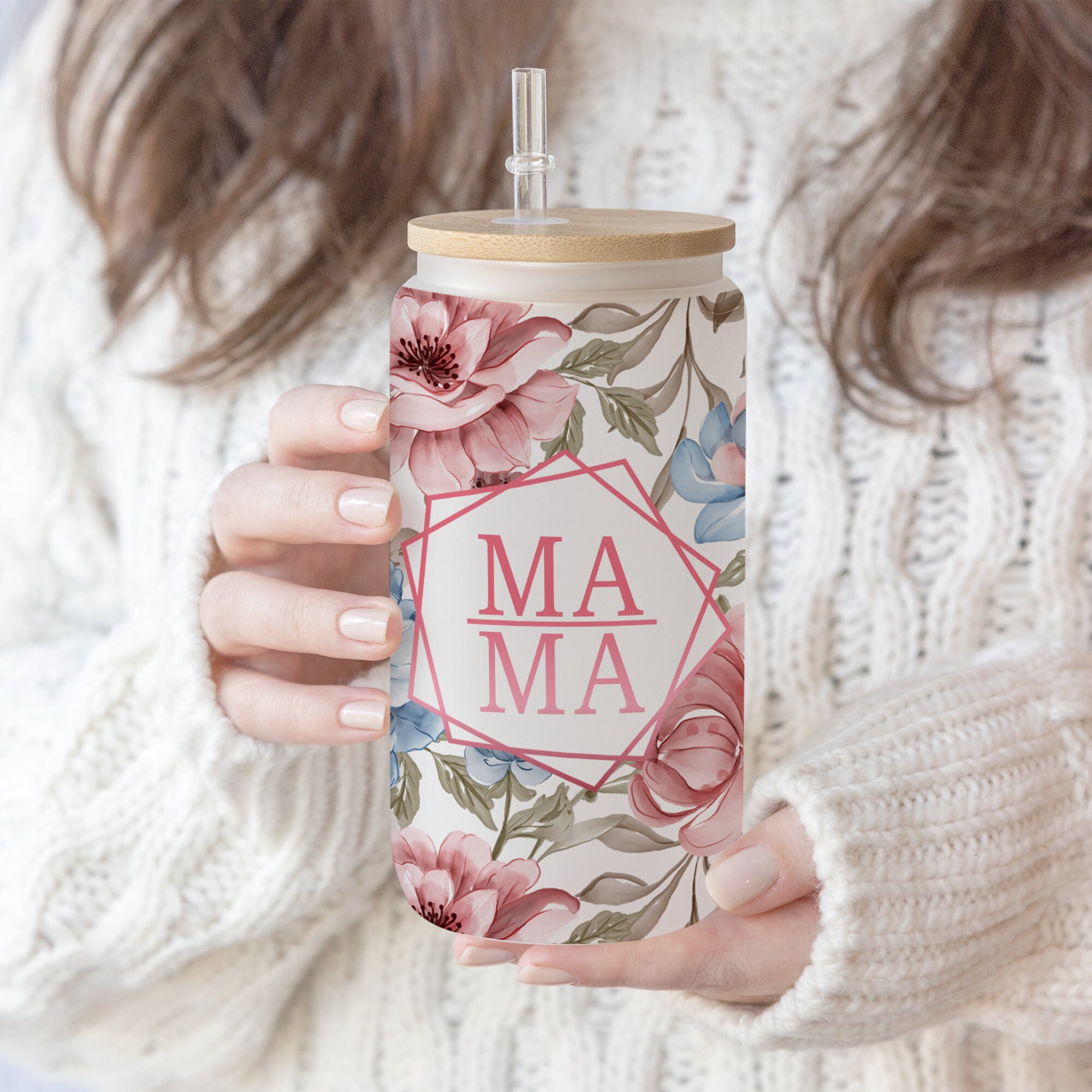 16 oz Libbey Glass Can Tumbler Mama Flower , Mum life floral Sublimation Design Love Mom Tumbler Wrap, Waterslide glass can 16 oz