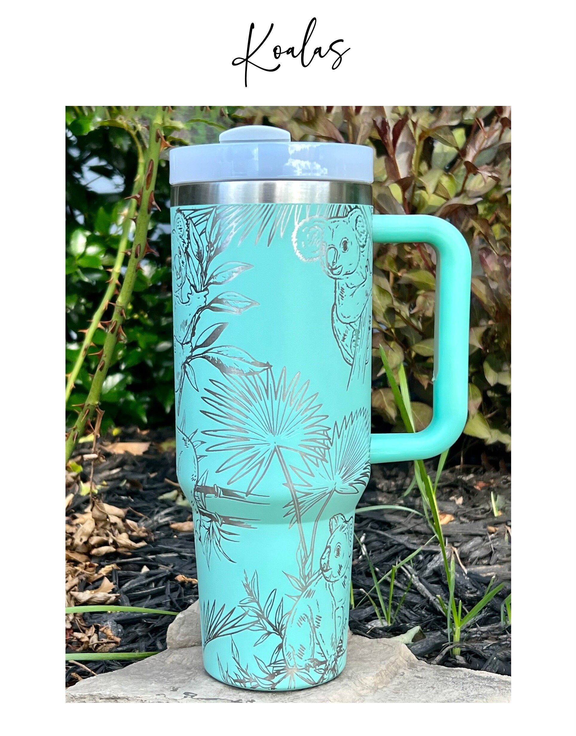 Koalas Laser Engraved 40oz Aqua Custom Seamless Non-Branded Tumbler with Handle Lid and Straw, Double Wall Insulated Cup