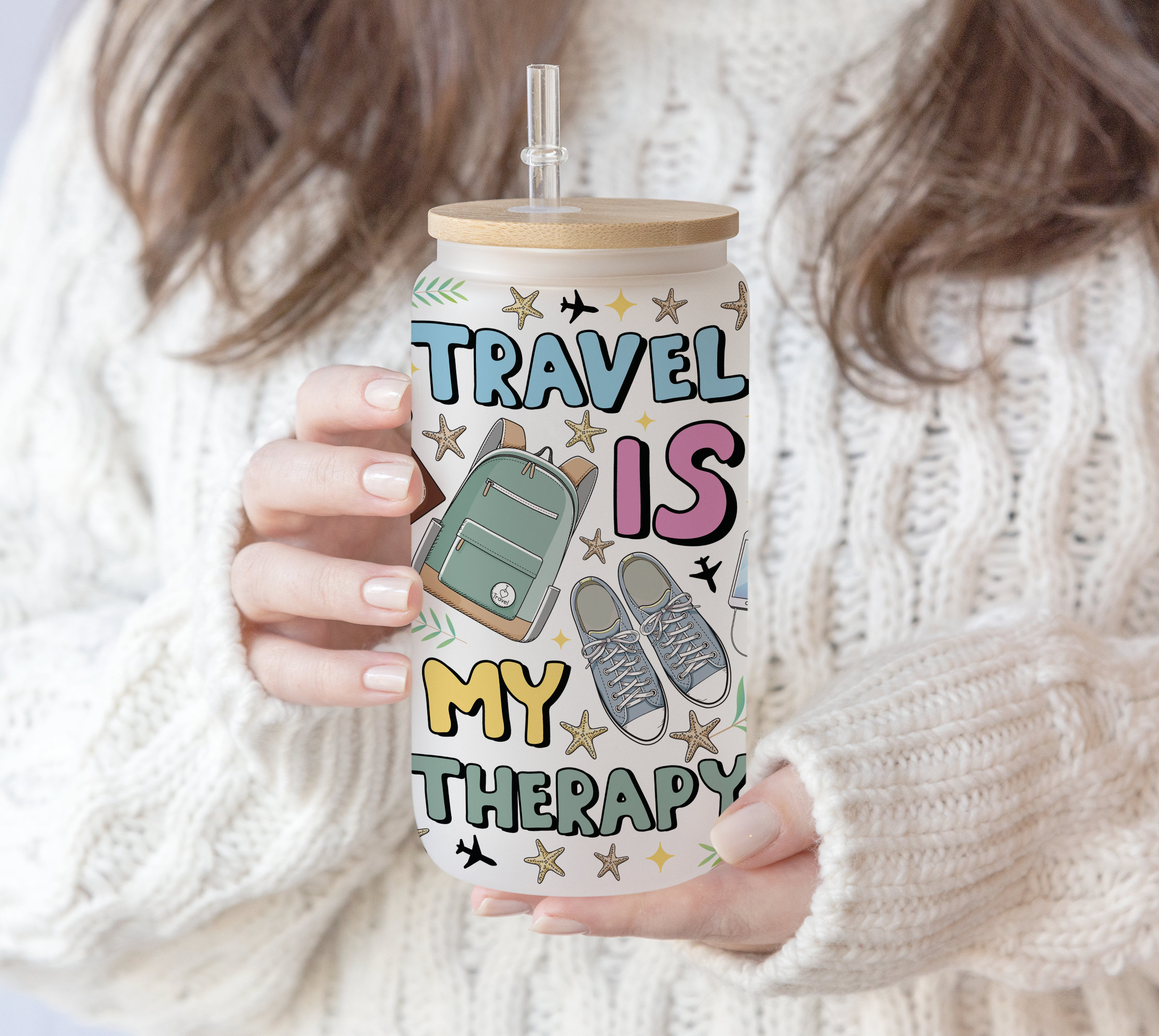 16 oz Libbey Glass Can Tumbler Sublimation Quote Travel is My Therapy Summer Vibe Design | Adventure outdoor PNG digital download