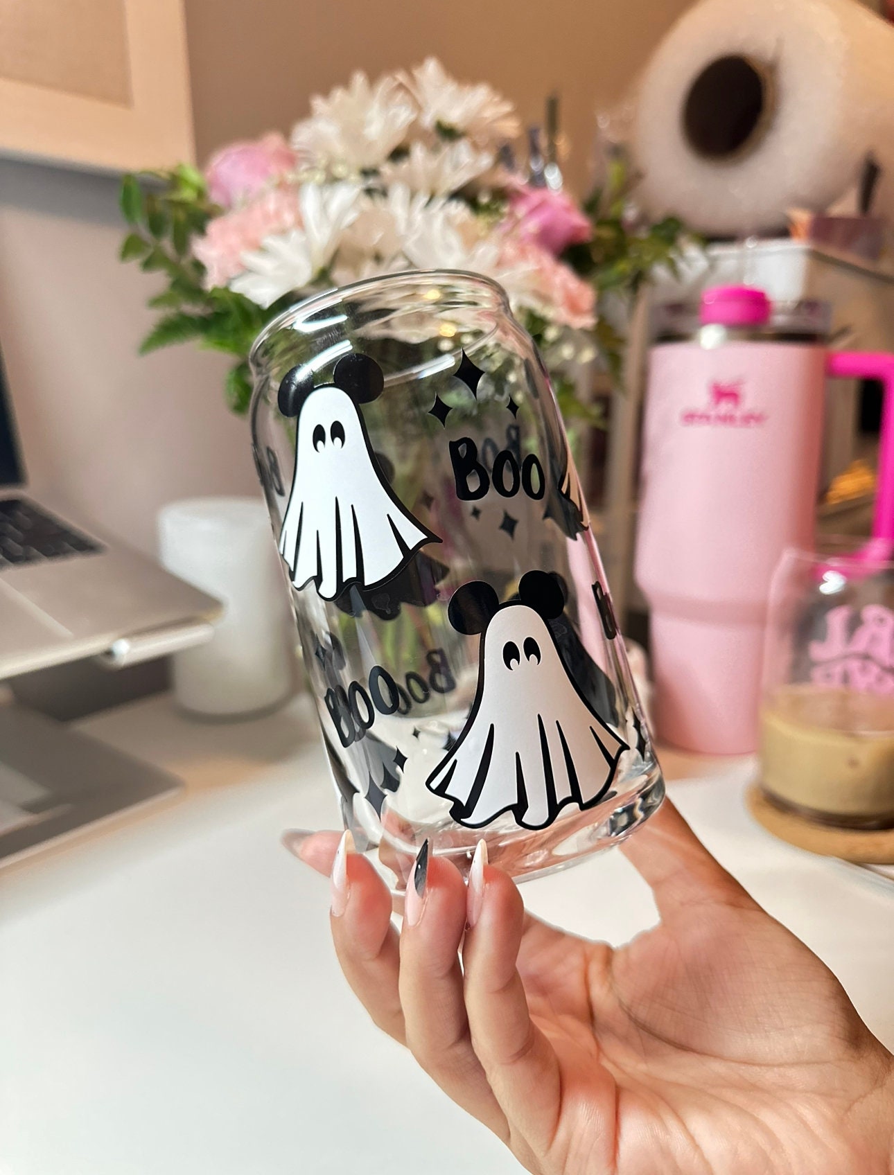 Mouse Ghost | Cute Cup for Halloween | Halloween Glass Cup | Iced Coffee Glass | Glass Can | Cute Cup | Trendy Cup