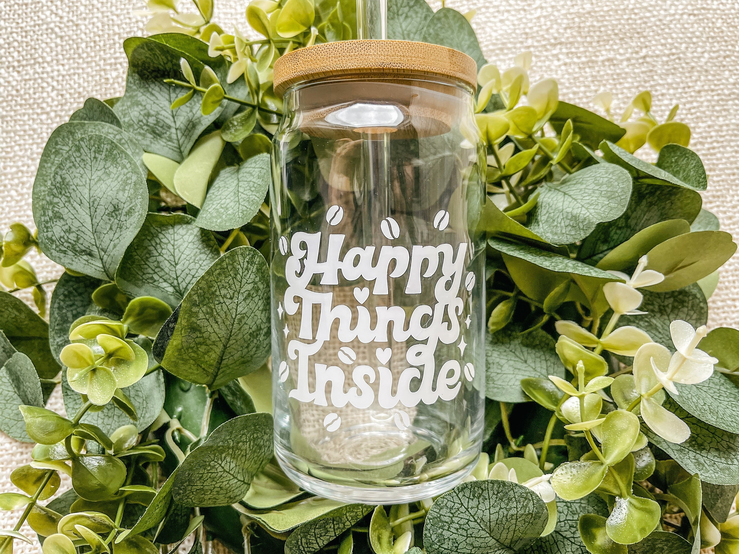 Happy Things Inside Iced Coffee Glass, Beer Can Glass, Retro Iced Coffee Glass, Aesthetic Glass Can, Iced Latte Glass with Bamboo Lid