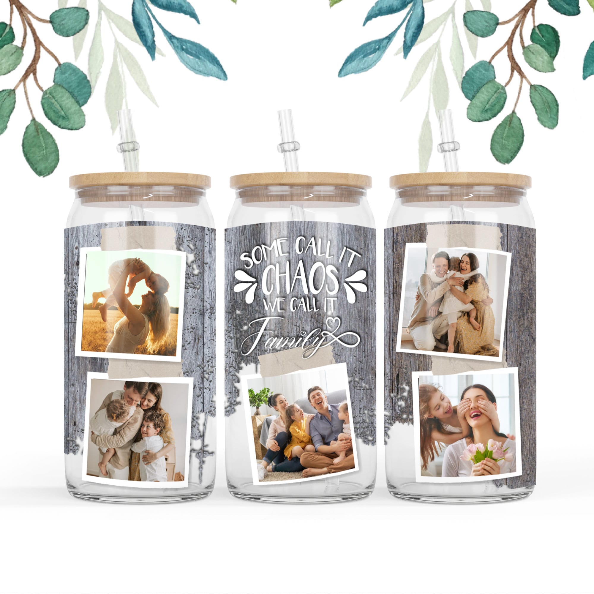 16 oz Libbey Glass Can Frame Photo Polaroid Vintage Wood Sublimation  png file Wooden Gift for mom,Family , Gitf idea Mother’s Day PNG