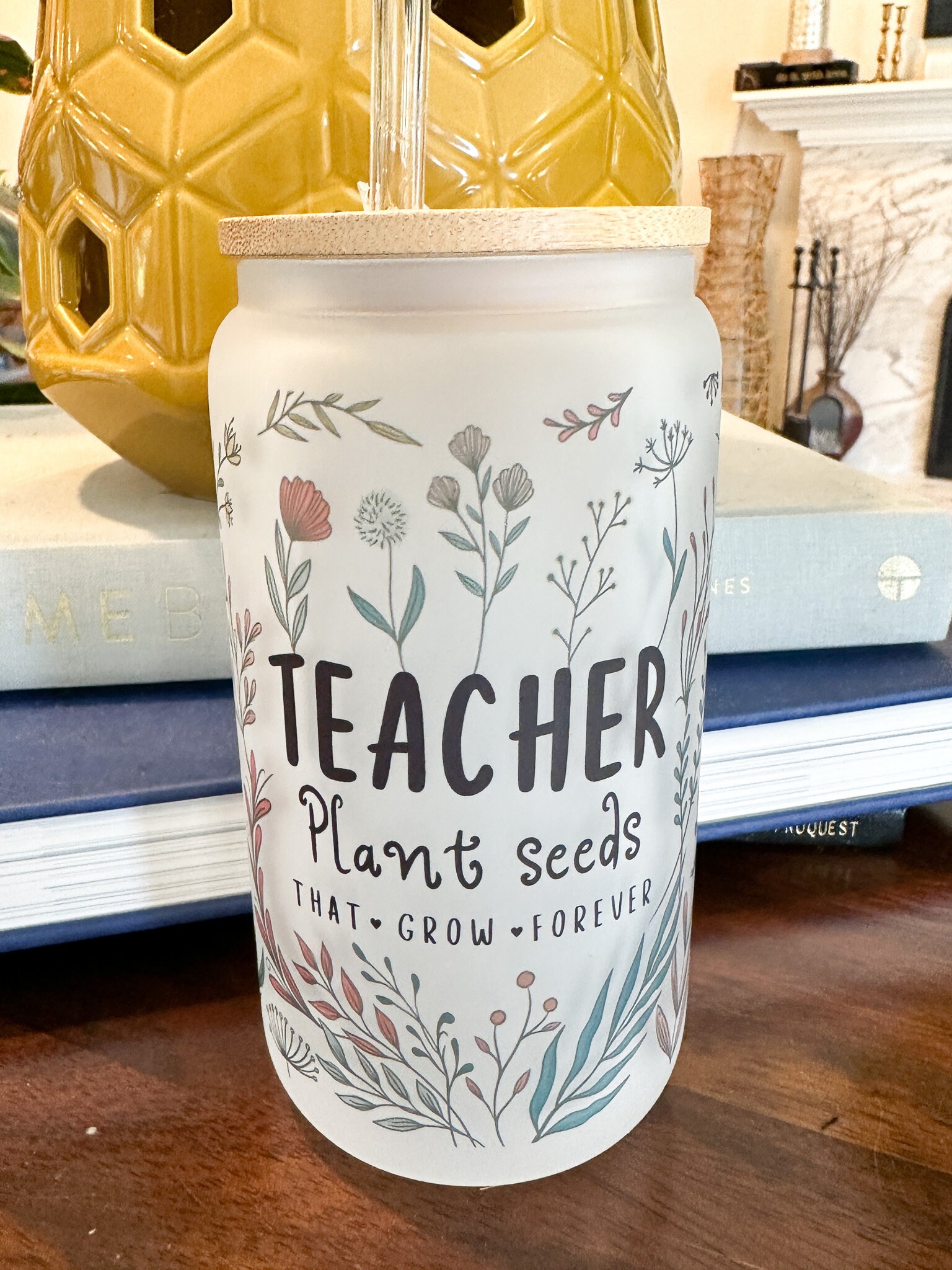 Teacher Plant Seeds Coffee Glass, Teacher Tumbler Gift, 16 oz Frosted Glass Cup, Teacher Appreciation Gift, Ice Coffee Drink, Lid & Straw