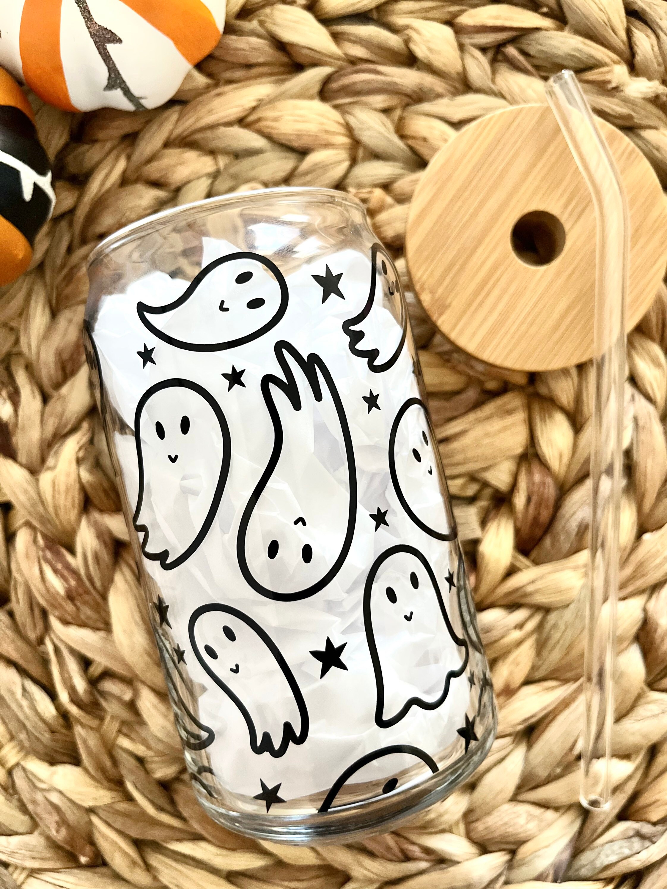 Cute Ghosts Glass Cup / Halloween Glass Cup / Iced Coffee Glass / Beer Can Glass Cup / Spooky Glass Cup / Halloween Cup