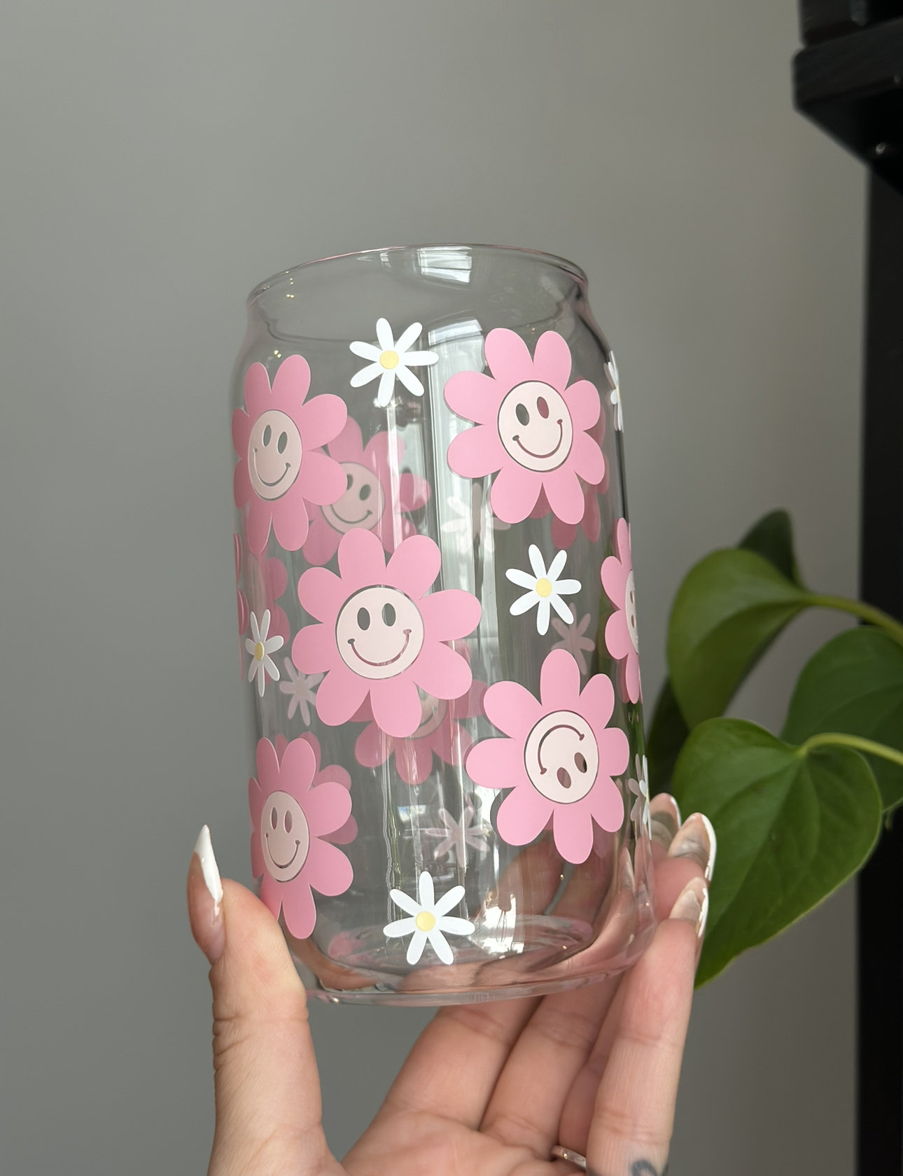 Pink Smiley Face Flower Glass Cup | Summer Iced Coffee Cup | Spring Iced Coffee Cup | Smiley Face Cup | Trendy Coffee Cup | Glass Can Cup |