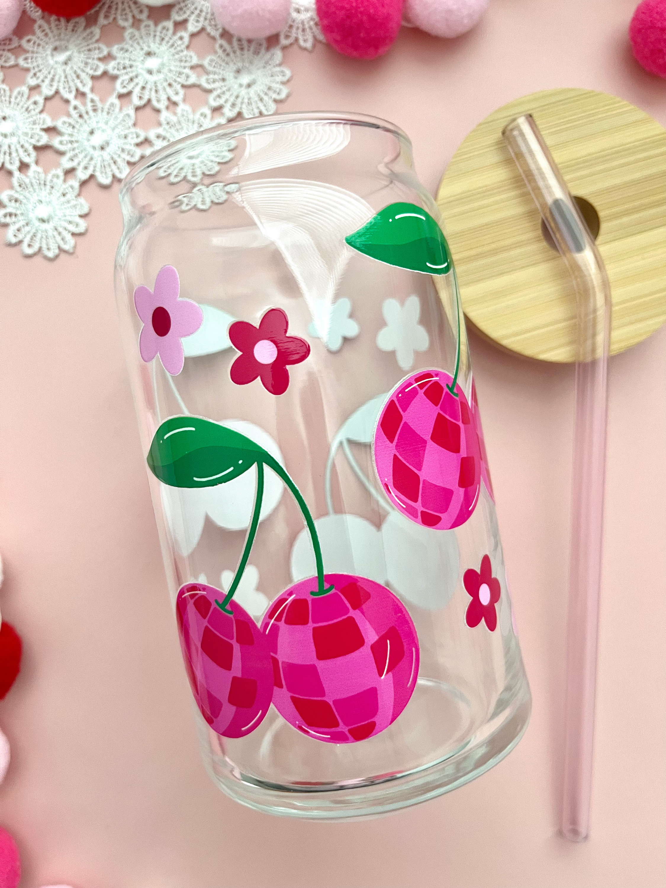 Retro Disco Cherries Glass Cup / Cherry Glass Cup / Iced Coffee Glass / Cute Coffee Cup / Valentines Gift / Gifts for Her