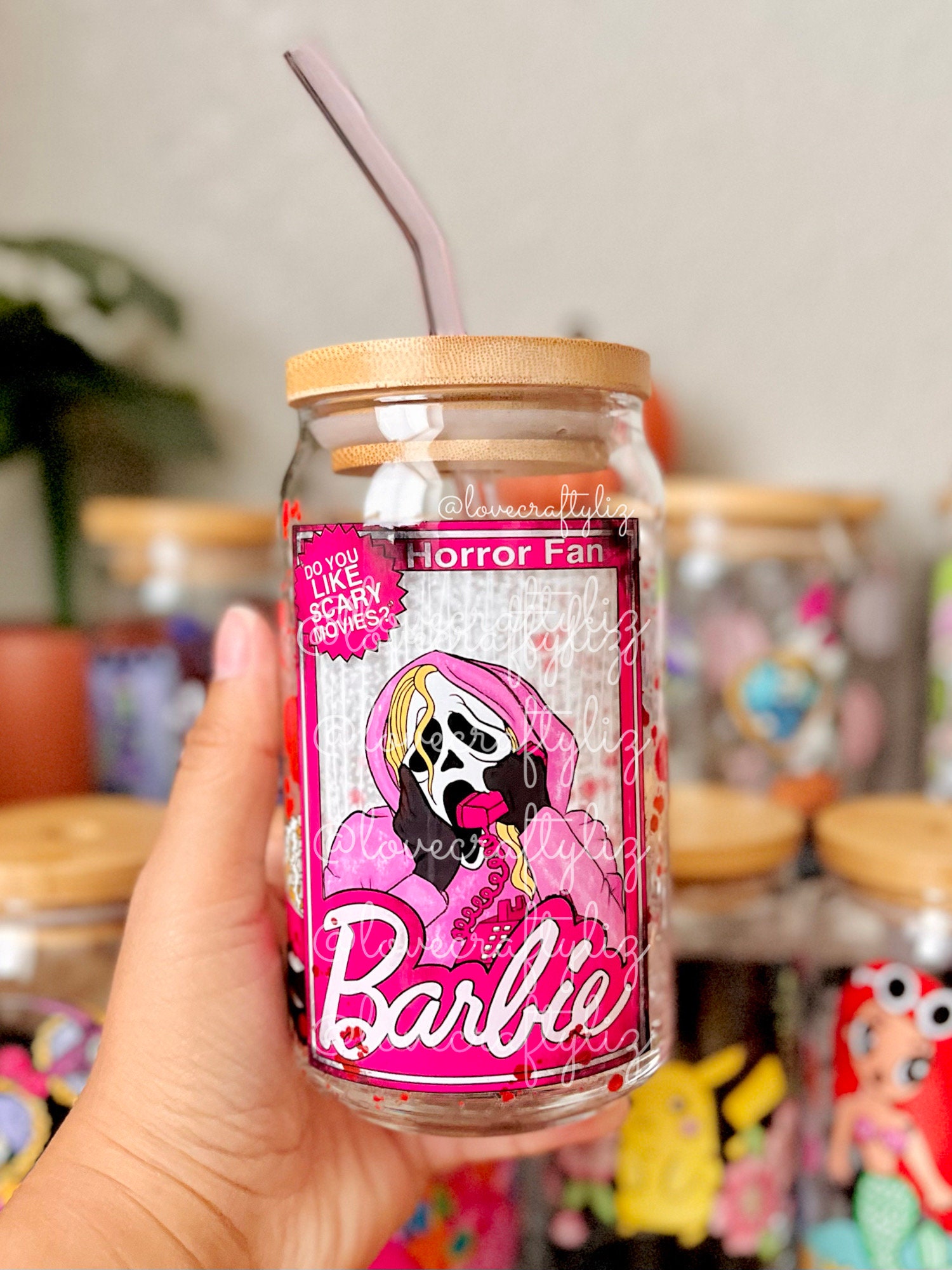 Scream Spooky Barb Ghost Killer 16 oz Beer Can Glass | Killer Cup | True Crime| Iced Coffee | Halloween| Pink Doll | Gift | Ken Doll| Horror