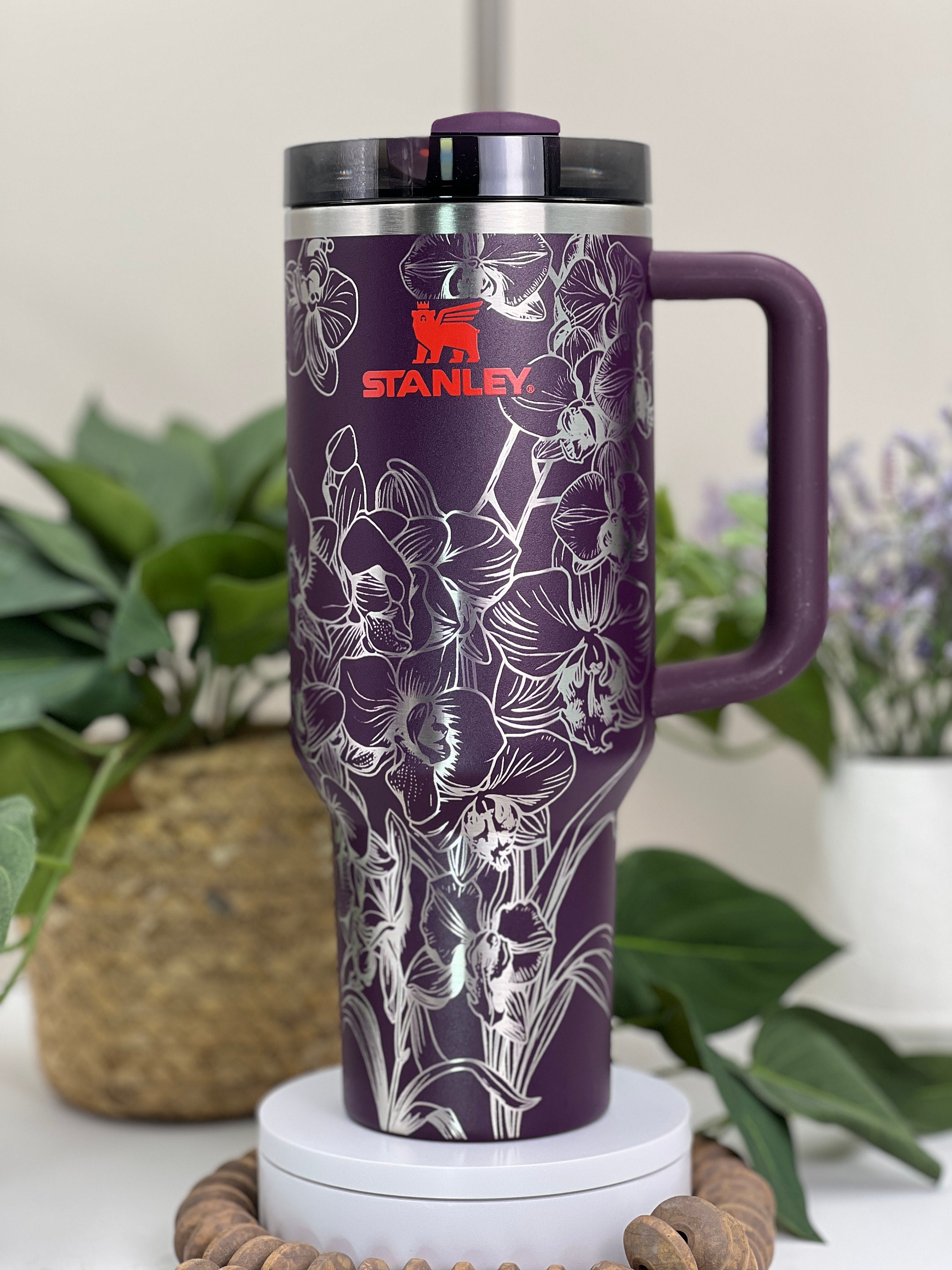 Orchids Floral Laser Engraved 40oz Tumbler with Handle Lid and Straw, Custom Engraved Seamless Tumbler, Double Wall Insulated Cup