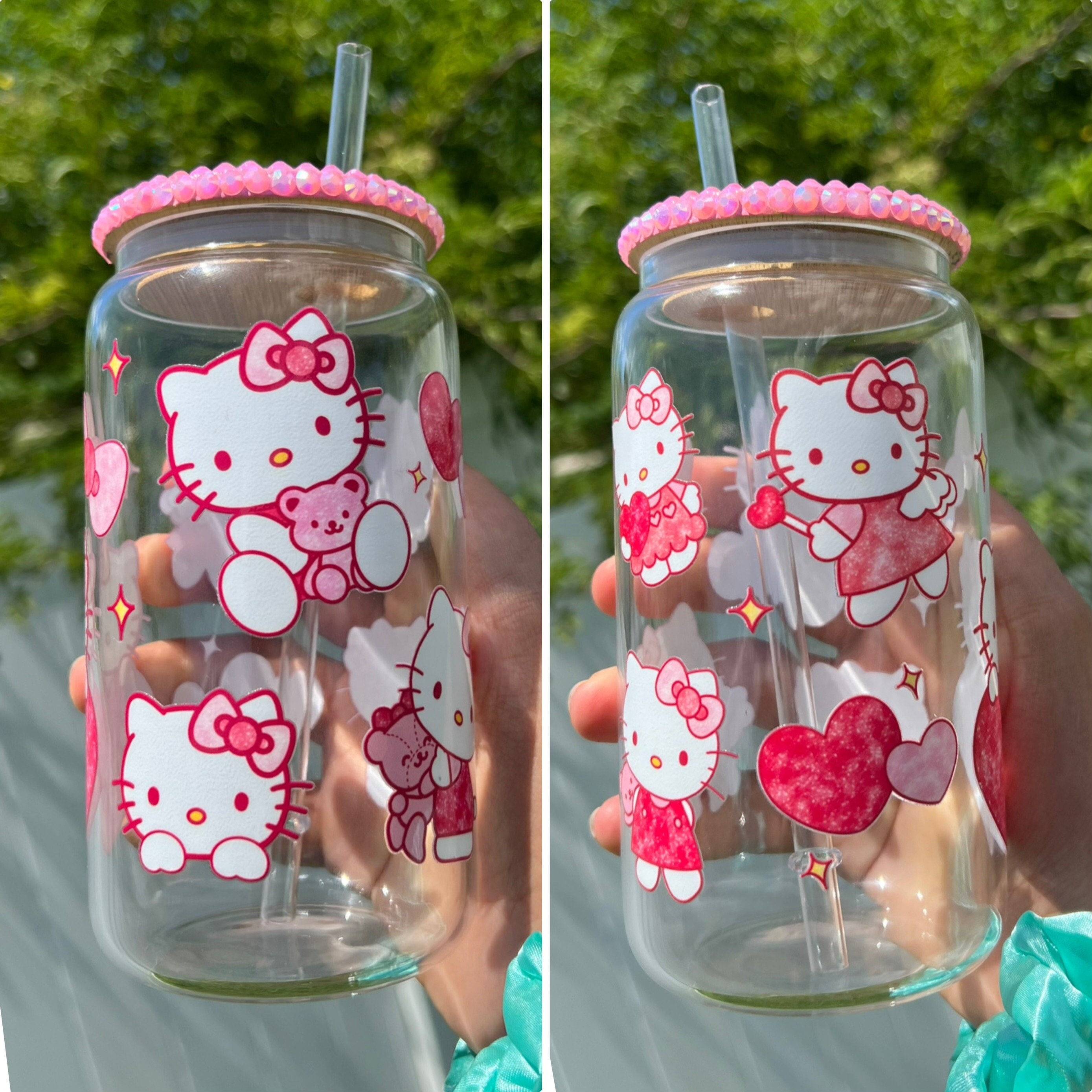 Cute Pink Hearts Kawaii Kitty 16 Oz Beer Can Glass Cup, Pink Hello K Glass Cup, Hello K Mugs, Hello K Tumblers, Pink Mugs, Gifts for Her