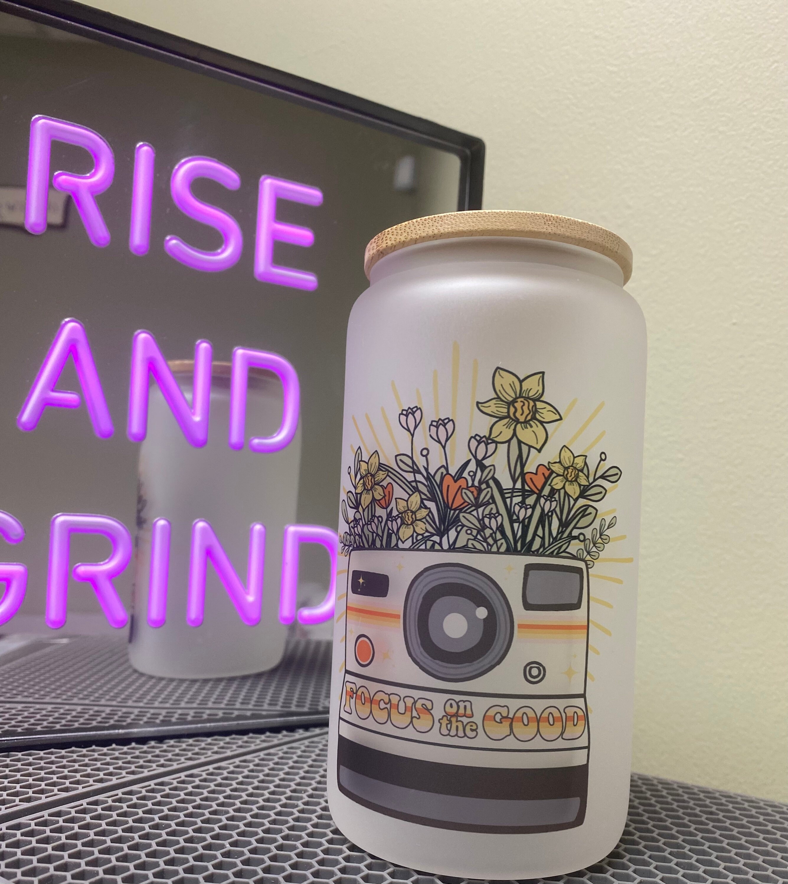 Focus on the good- frosted can shaped glass with lid and straw