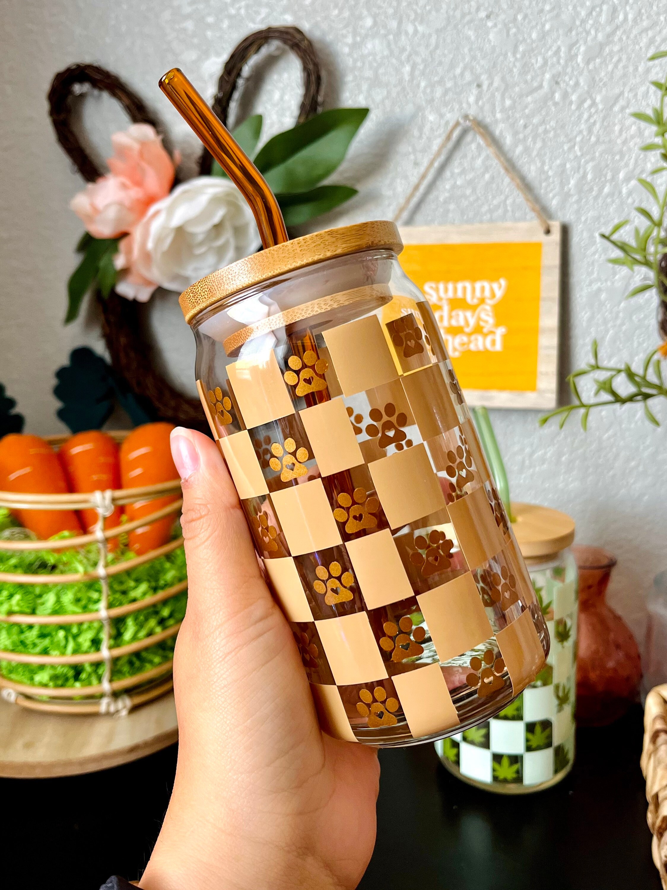 Checkered Paws 16 oz Beer Can Glass | Spring Cup | Self Love | Iced Coffee | Smoothie | Boho | Gift | Mom | Flowers | Dog Cat Mom Pet