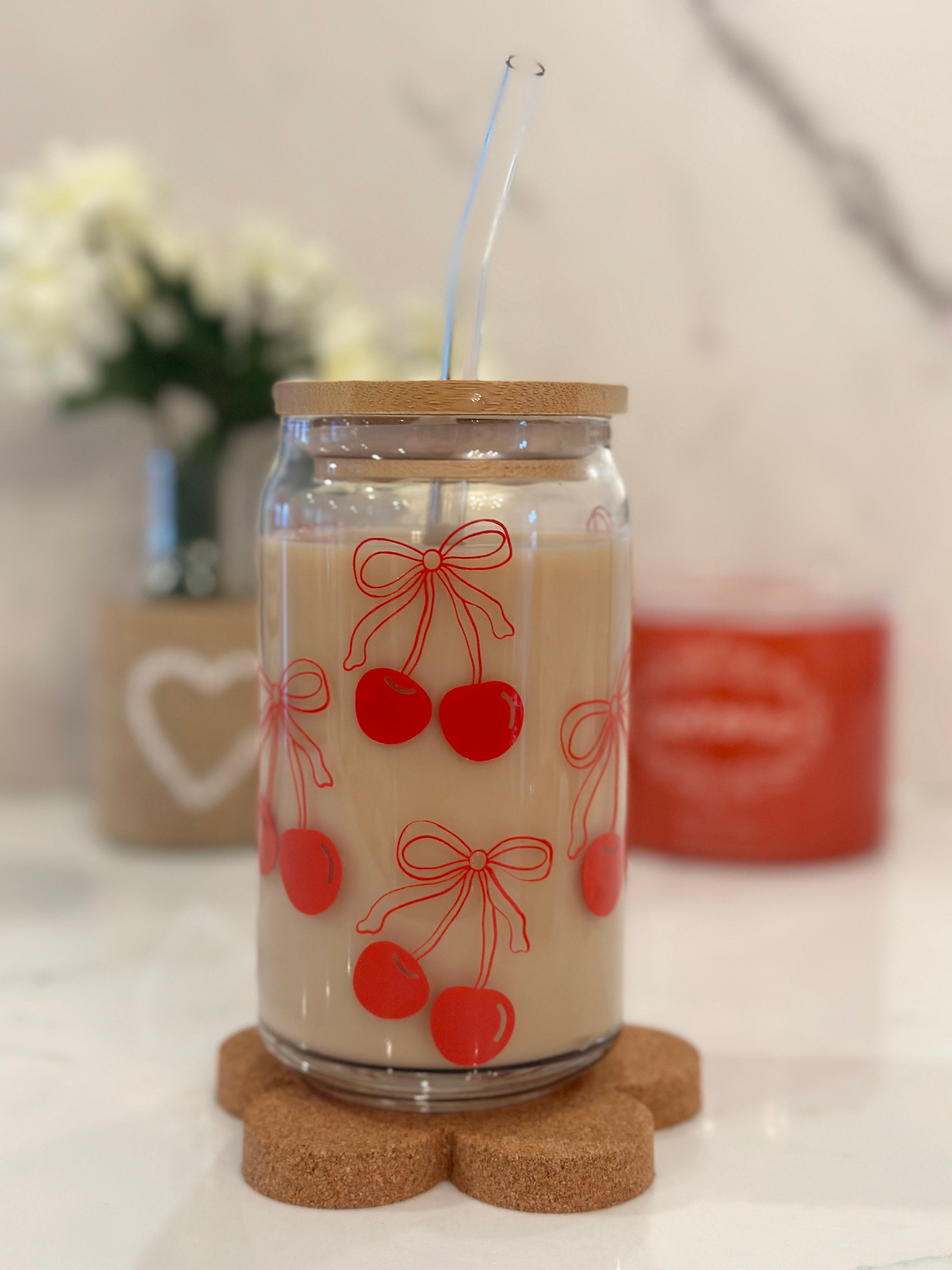 Red Cherries Glass Cup, Valentines day Gifts, Trendy Coquette Cup, Iced Coffee Glass, 16 oz Tumbler, Cherries and Bows Cup w/ Lid & Straw