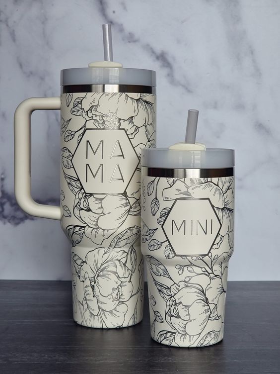 Mama And Mini Set Floral Tumblers Quenchers 2.0, Peony Floral, Full Wrap Engraved Tumblers