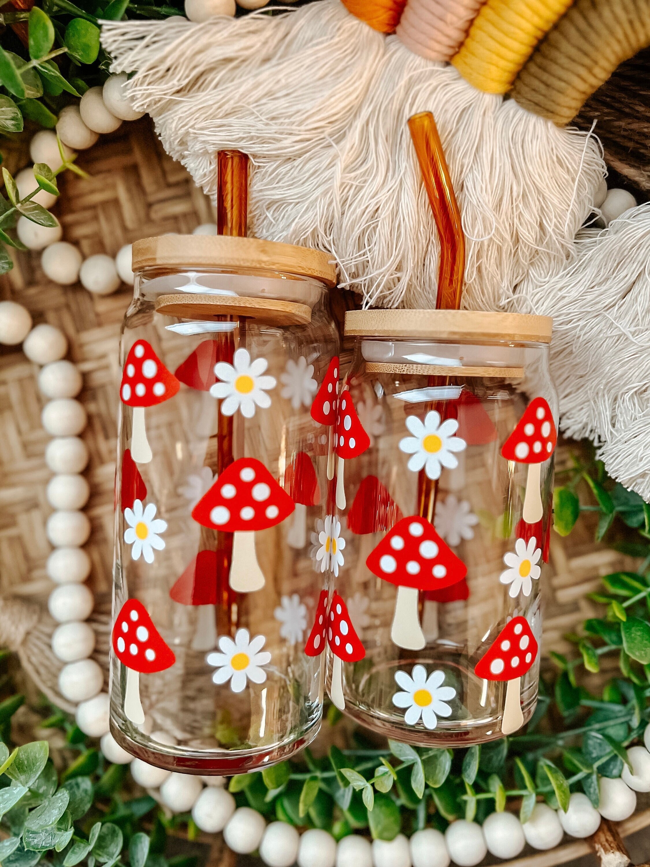 Mushroom Beer Can Glass | Aesthetic Mushroom Cup | Mushroom and Daisies Iced Coffee Cup | Trendy Cups