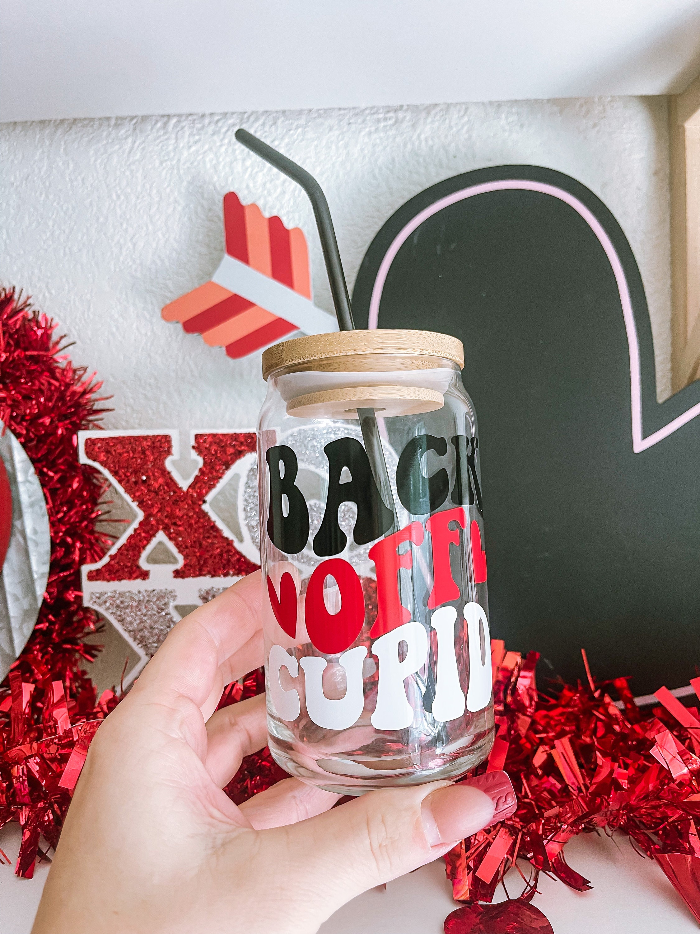 Back off Cupid Iced Coffee Glass, Valentines Day coffee Tumbler, Can Glass with lid, Glass Coffee Cup, Iced Coffee Cup, Anti Valentine Gift