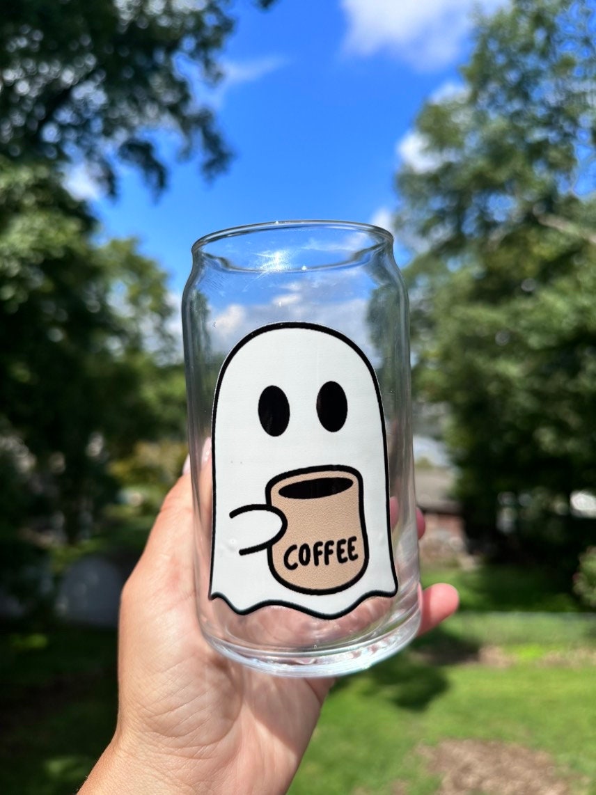 Ghosts Love Coffee Can Glass, Halloween Iced Coffee Glass, Halloween Coffee Cup, Halloween Can Glass