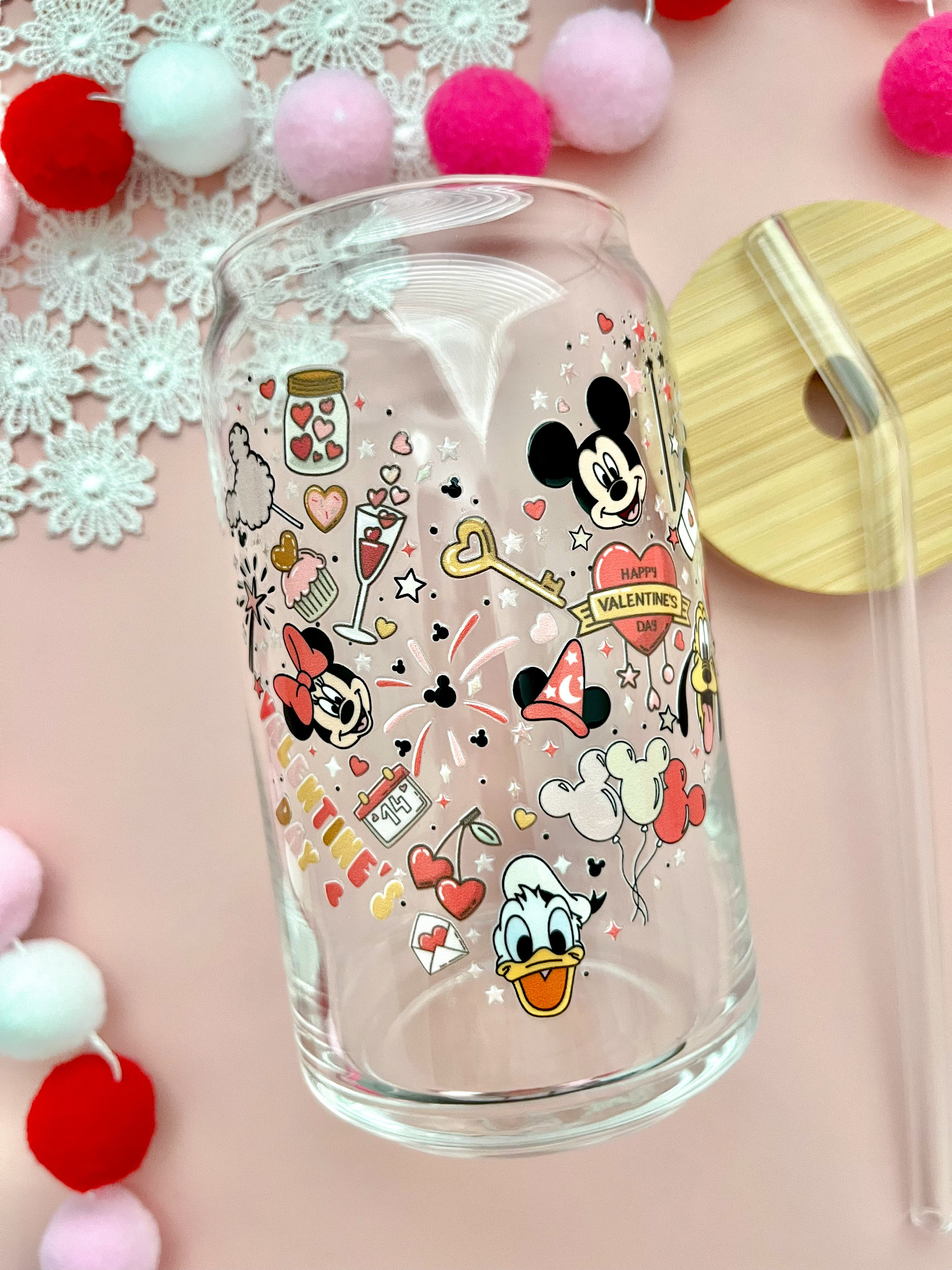 Mickey and Friends Valentines Glass Cup / Valentines Day Glass Cup / Iced Coffee Glass / Cute Coffee Cup / Valentines Gift / Gifts for Her