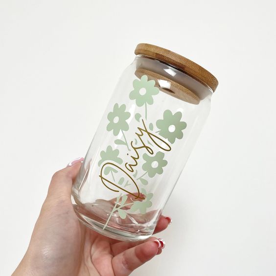 Personalised Name Cup, Floral, Can Glass, 16oz, Different Colours, Bamboo Lid, Beer, Coffee, Tea, Smoothie, Birthday, Gift