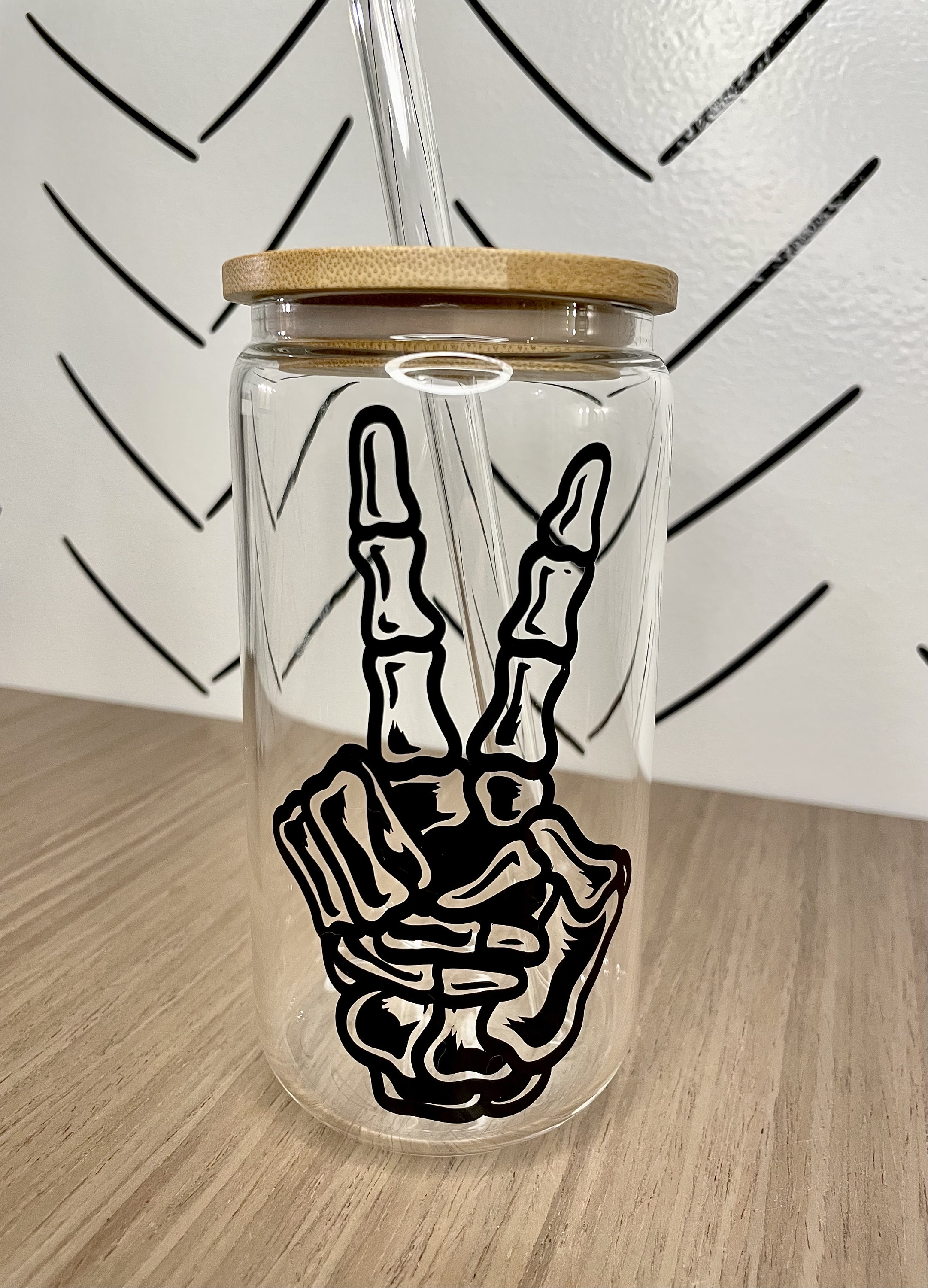 Skeleton Peace Sign glass cup | 16 oz Libbey glass with Bamboo Lid and straw | Skeleton Peace sign | Ice Coffee | Skeleton Glass Cup