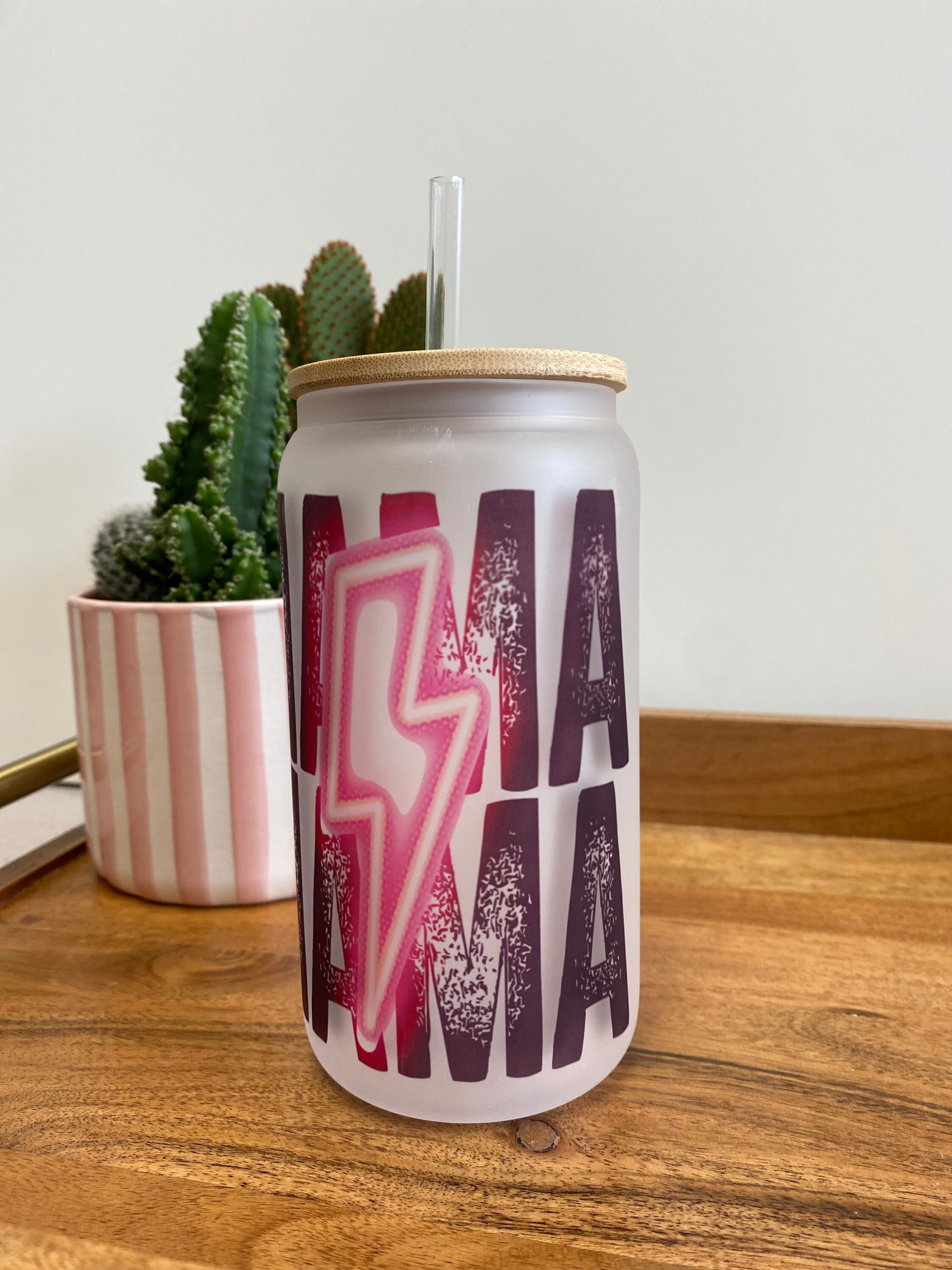 Mama lightning bolt- frosted can shaped glass with lid and straw