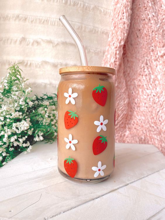 Strawberries and Daises Beer Can Coffee Mug, Fruit Boho Shaped Glass Tumbler