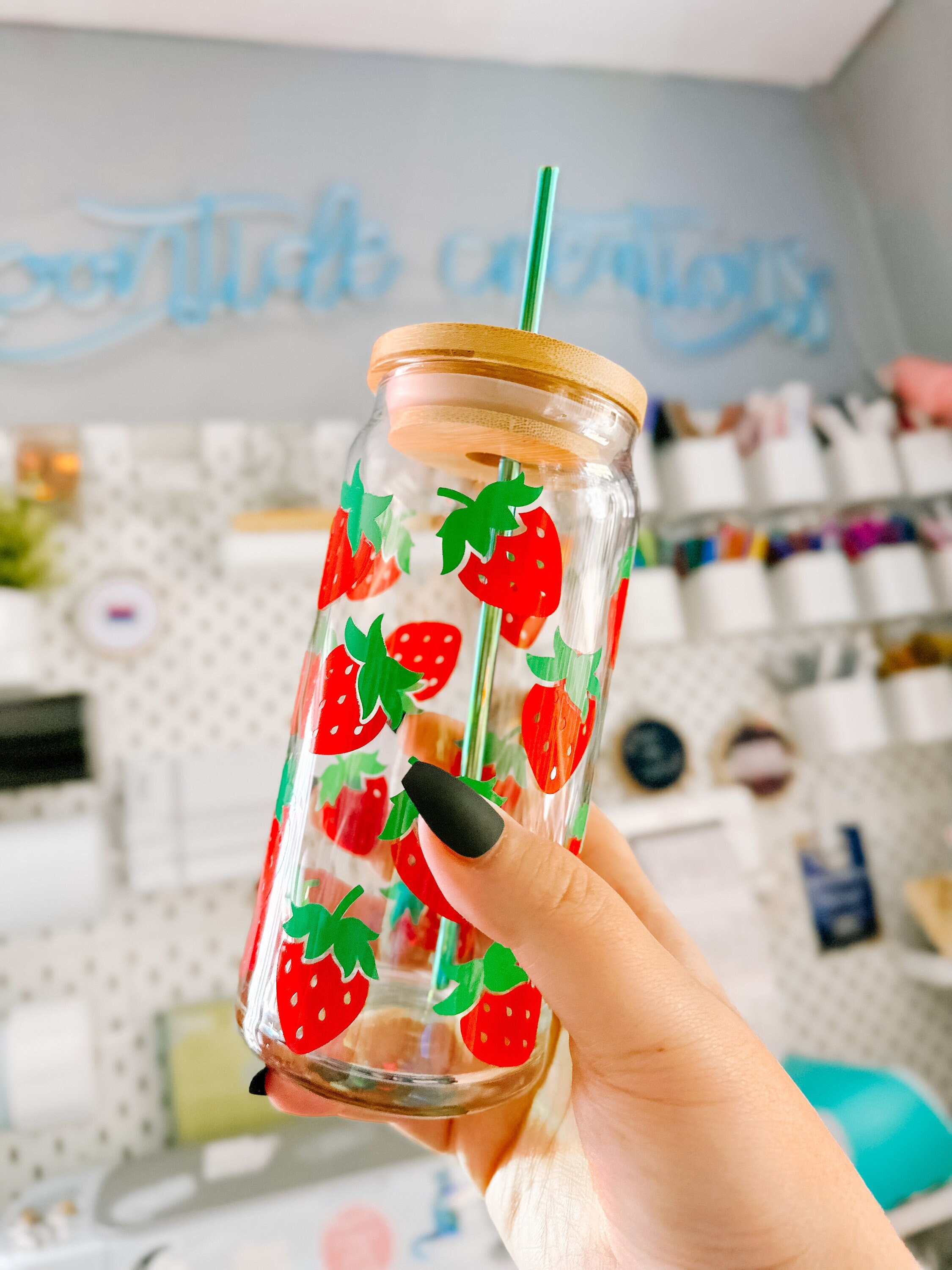 Strawberry Iced Coffee Glass, Summer Iced Coffee Glass, Aesthetic Iced Coffee Glass, Fruit Beer Can Glass, Trendy Cups, Bamboo Lid and Straw