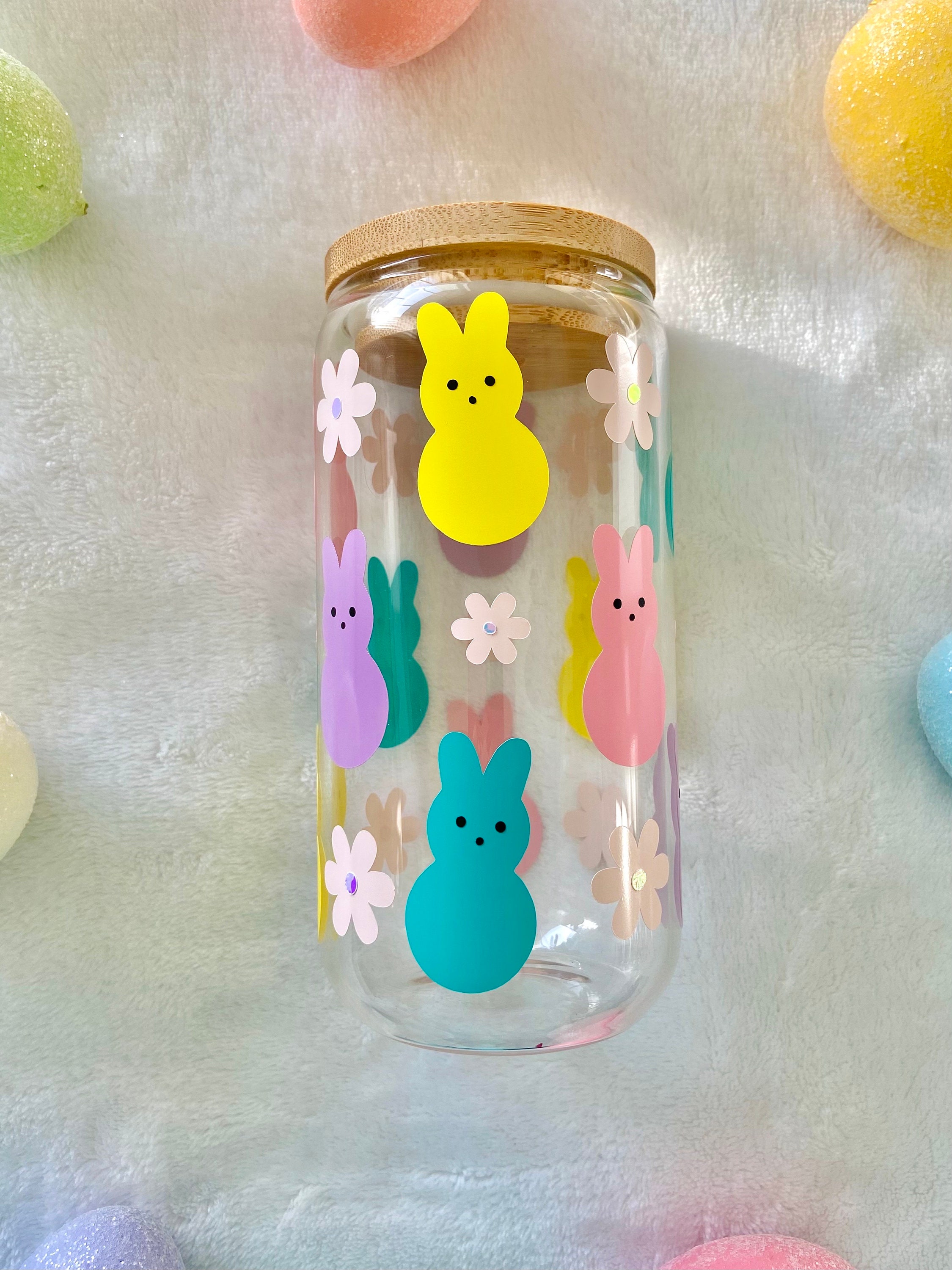 Easter peeps glass cup | 16 oz libbey glass can | Easter gifts | Easter cup | Easter basket stuffers | peeps cup | Easter iced coffee cup