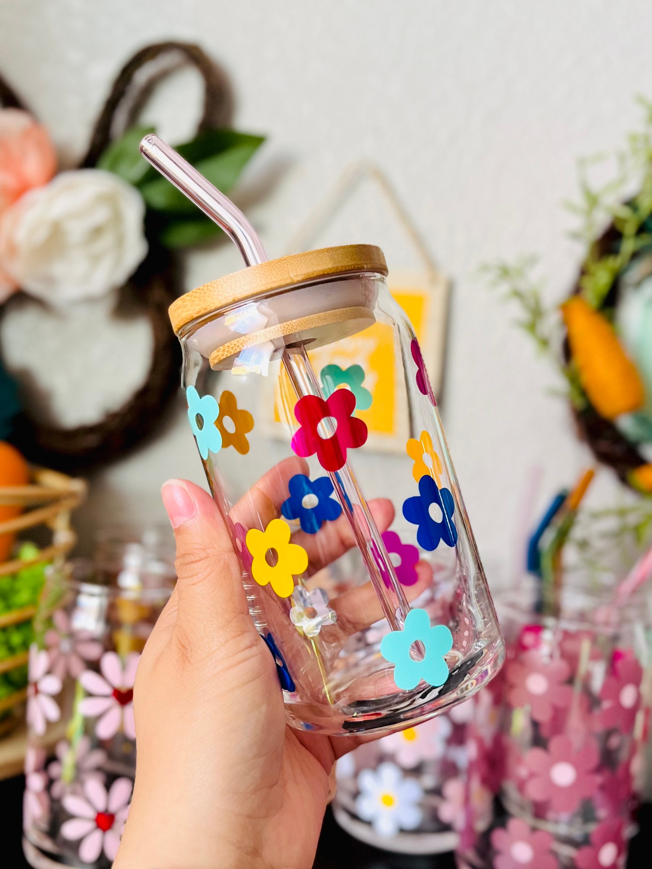 Retro Colorful Daisies 16 oz Beer Can Glass | Spring Cup | Self Love | Iced Coffee | Smoothie | Boho | Gift |Easter Flowers | Pastel |Groovy