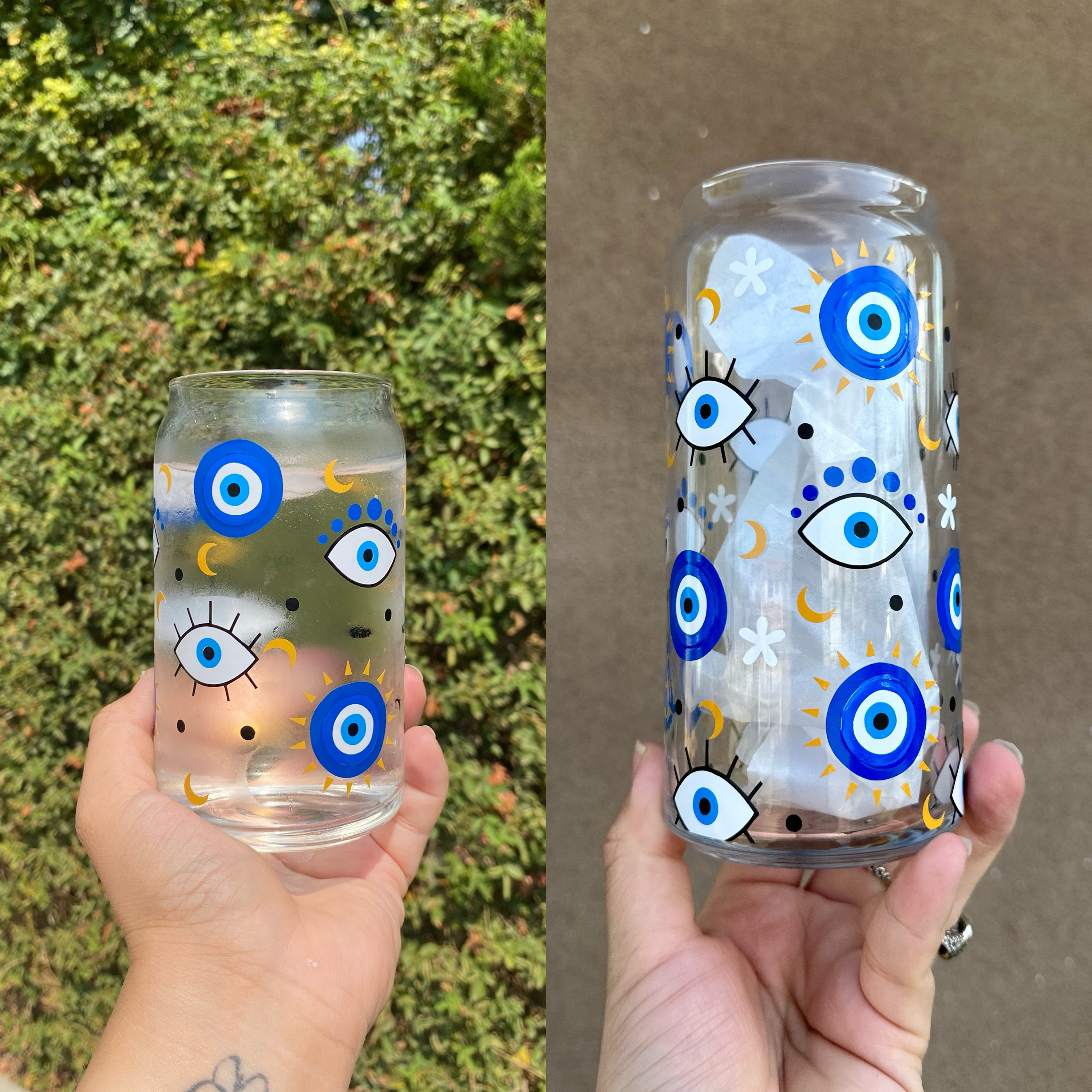 Evil Eye Beer Glass, Evil Eye Cup, Mal Ojo Cup, Mal Ojo Tumbler,  Superstition Cup, Iced Coffee Glass, Glass Can, Bamboo Lid, Libbey