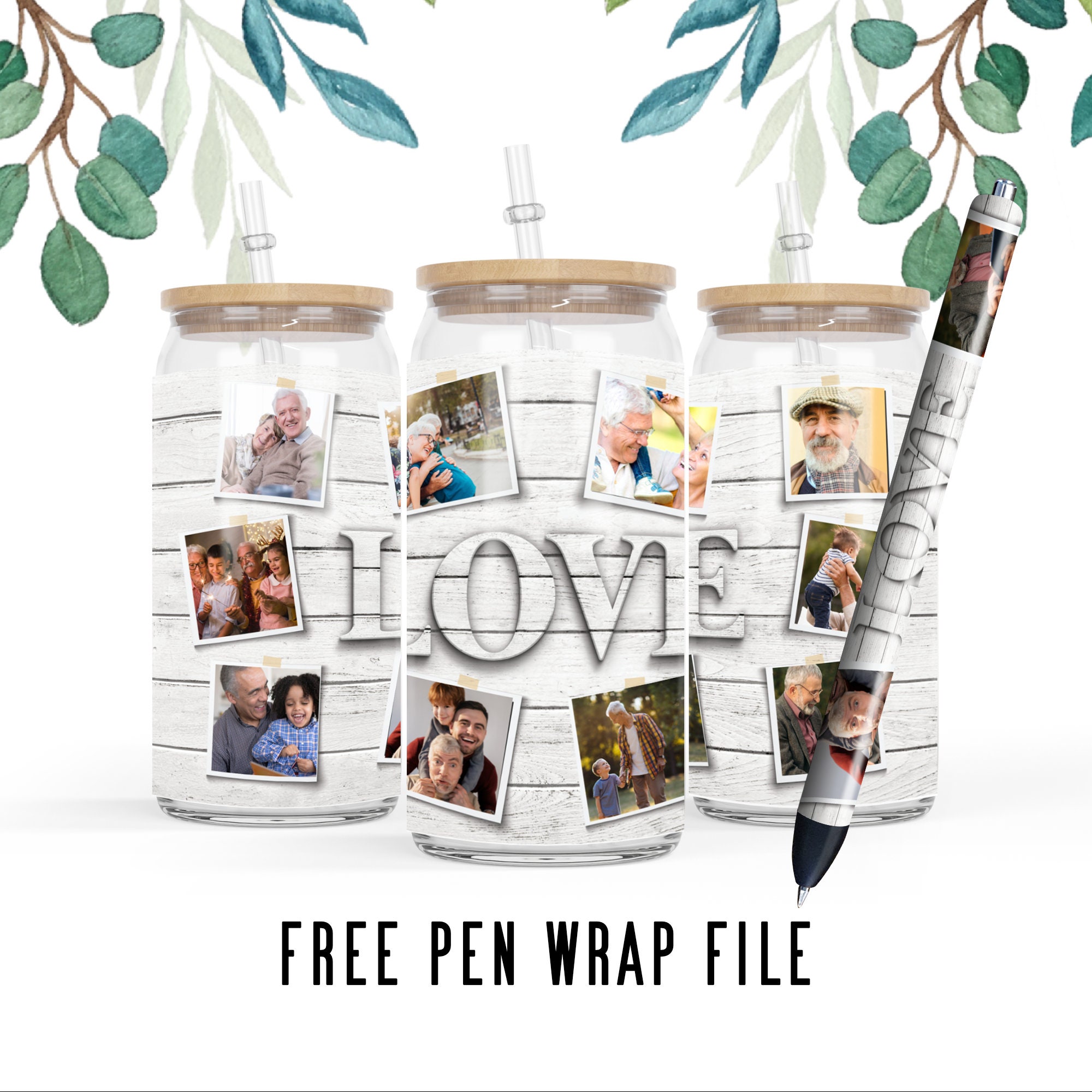 4 Files 16 oz Libbey Glass Can Photo frame Picture Love Personalized Photo Gifts, Polaroid Photo Collage , Photo tumbler Family pen wrap DIY